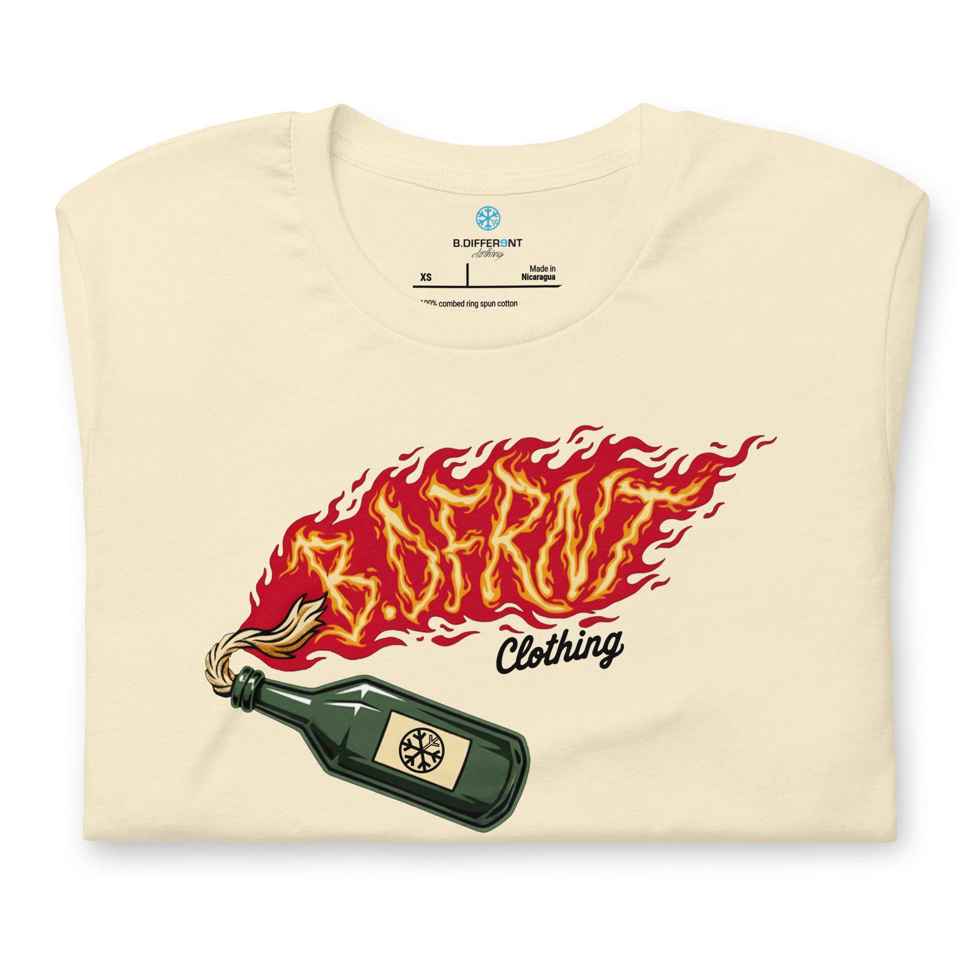 Beige-Molotov Graffiti Tee from B.Different Clothing, folded, graffiti-inspired streetwear t-shirt
