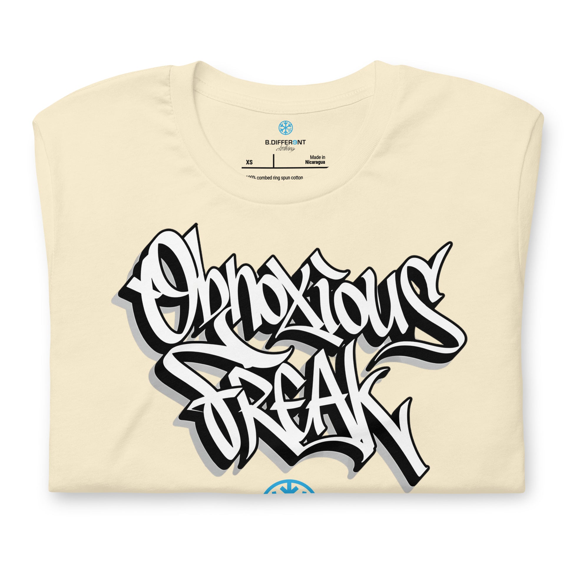 Beige-Obnoxious Freak Graffiti Tee from B.Different Clothing, folded, graffiti-inspired streetwear t-shirt