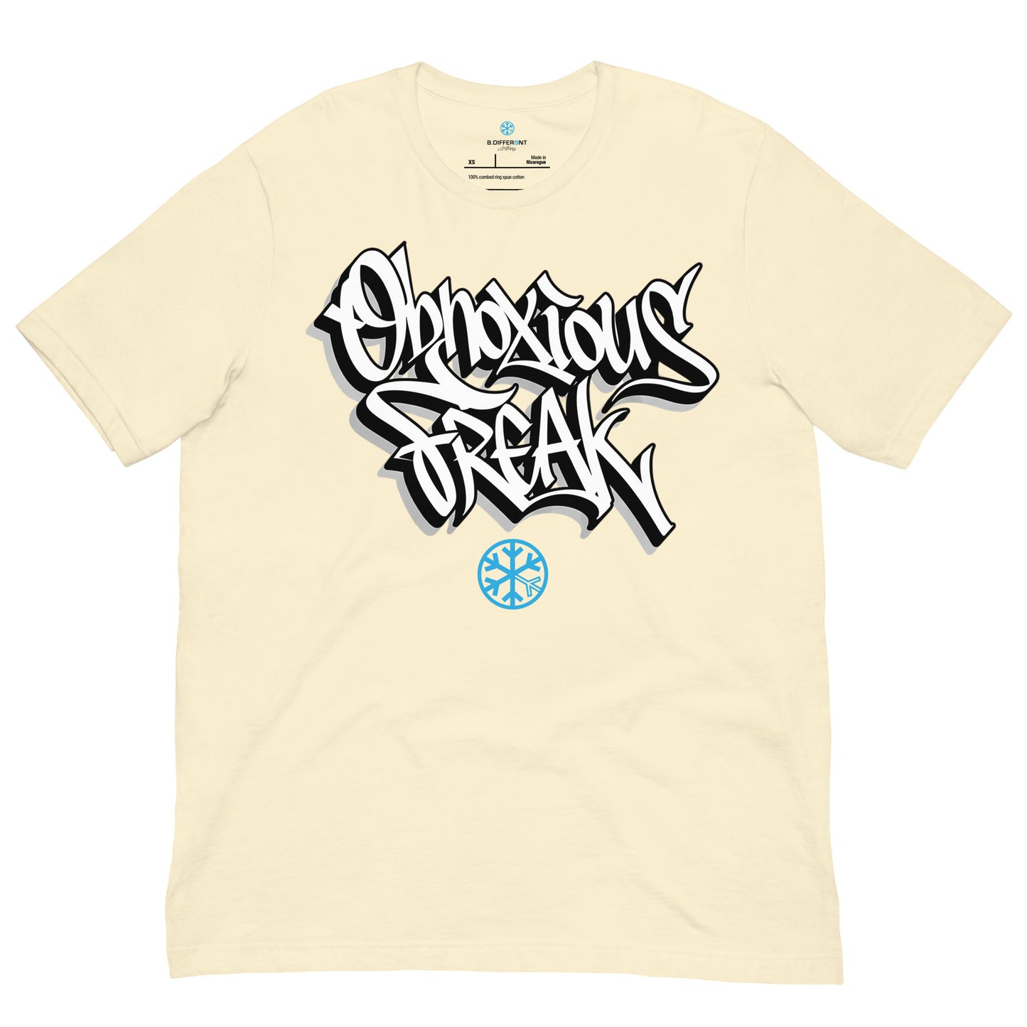 Beige-Obnoxious Freak Graffiti Tee from B.Different Clothing, front view, graffiti-inspired streetwear t-shirt
