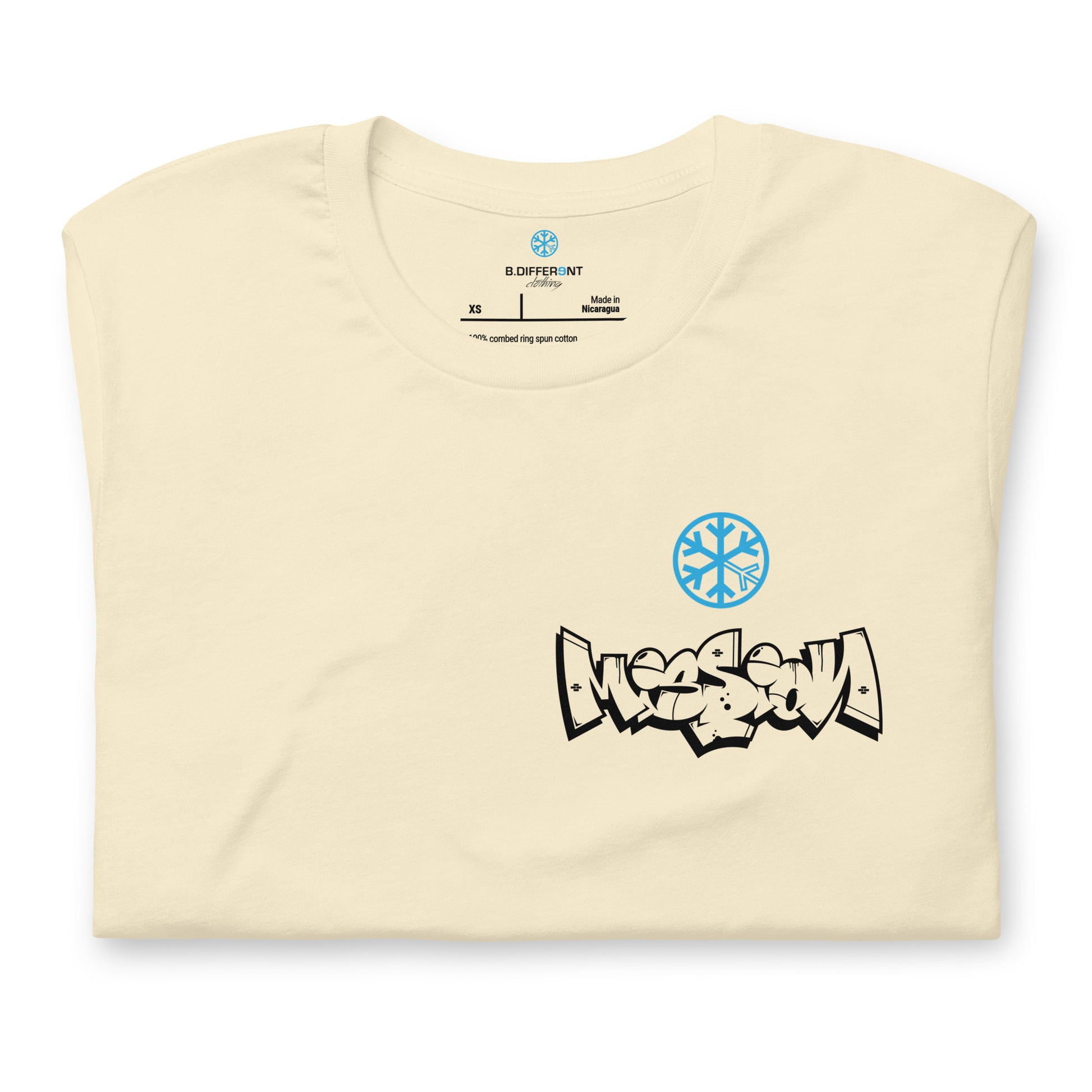 Beige-Mission Graffiti Character Tee from B.Different Clothing, folded, graffiti-inspired streetwear t-shirt