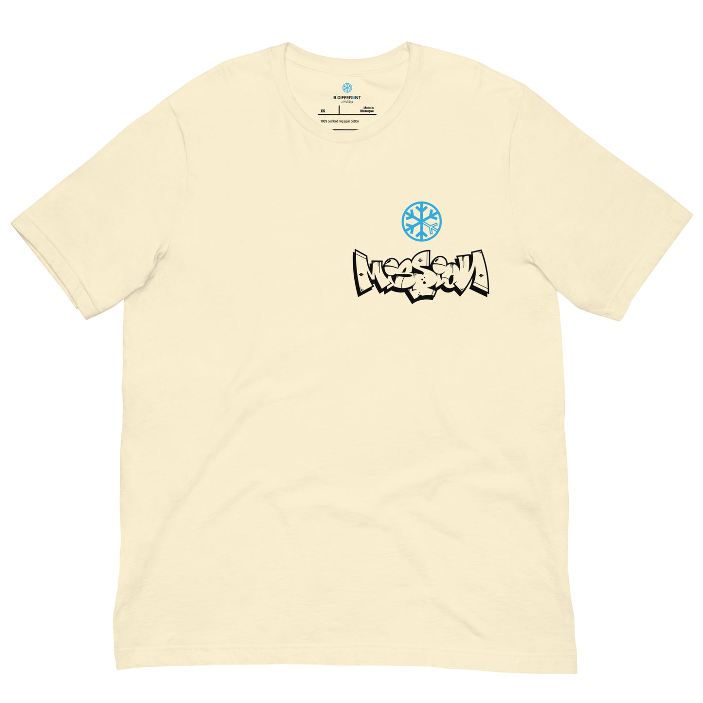 Beige-Mission Graffiti Character Tee from B.Different Clothing, front view, graffiti-inspired streetwear t-shirt