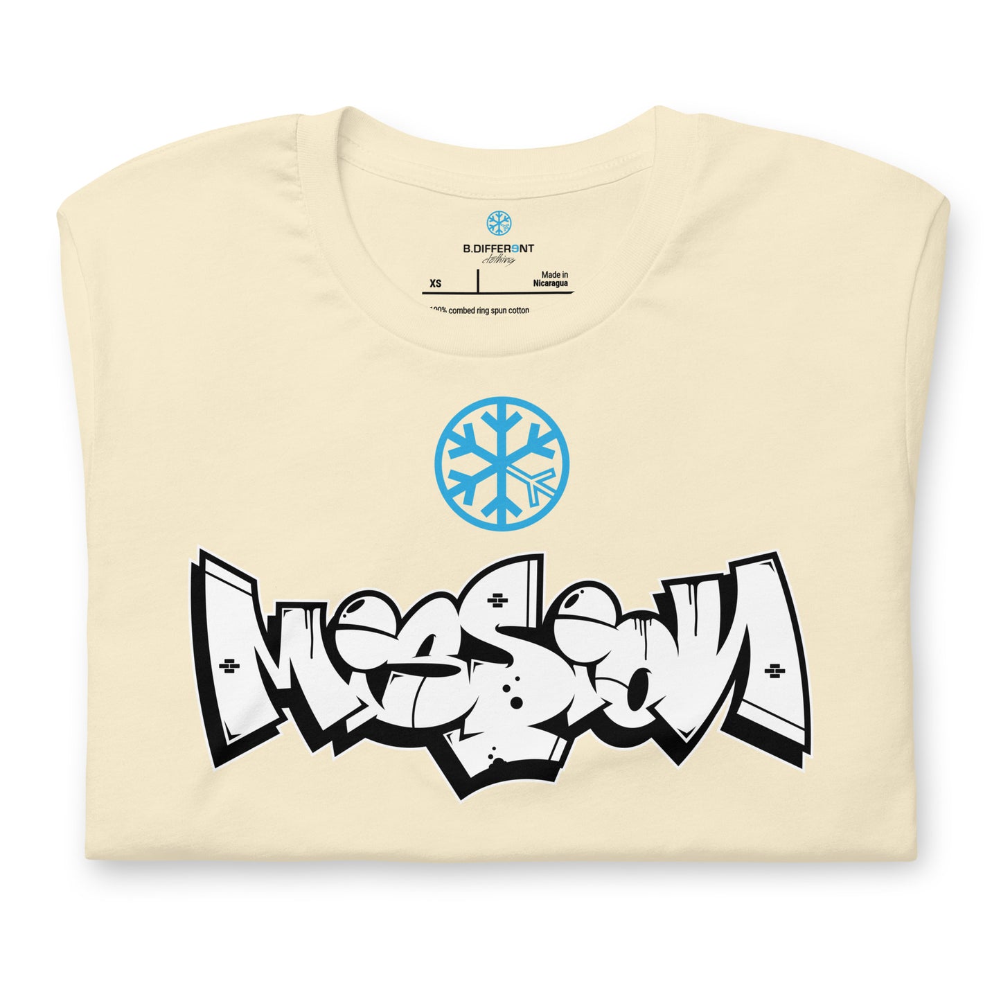 Beige-Mission Graffiti Piece Tee from B.Different Clothing, folded, graffiti-inspired streetwear t-shirt