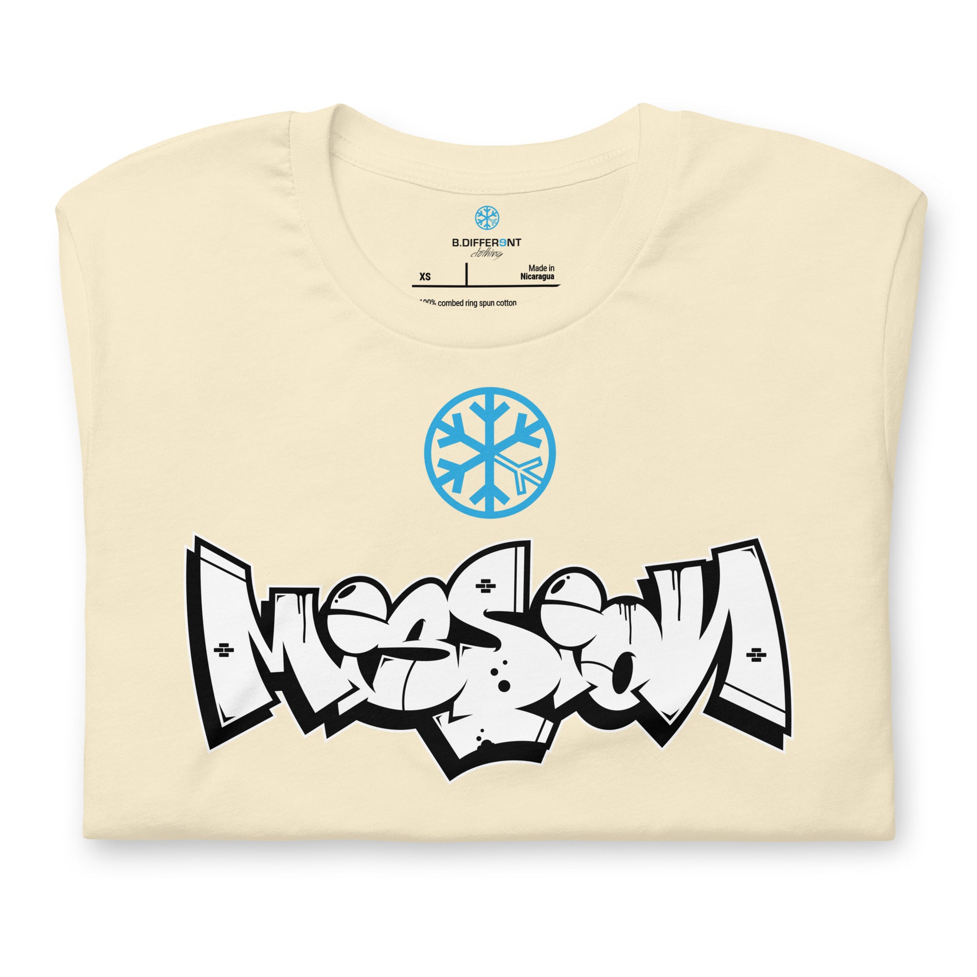 Beige-Mission Graffiti Piece Tee from B.Different Clothing, folded, graffiti-inspired streetwear t-shirt