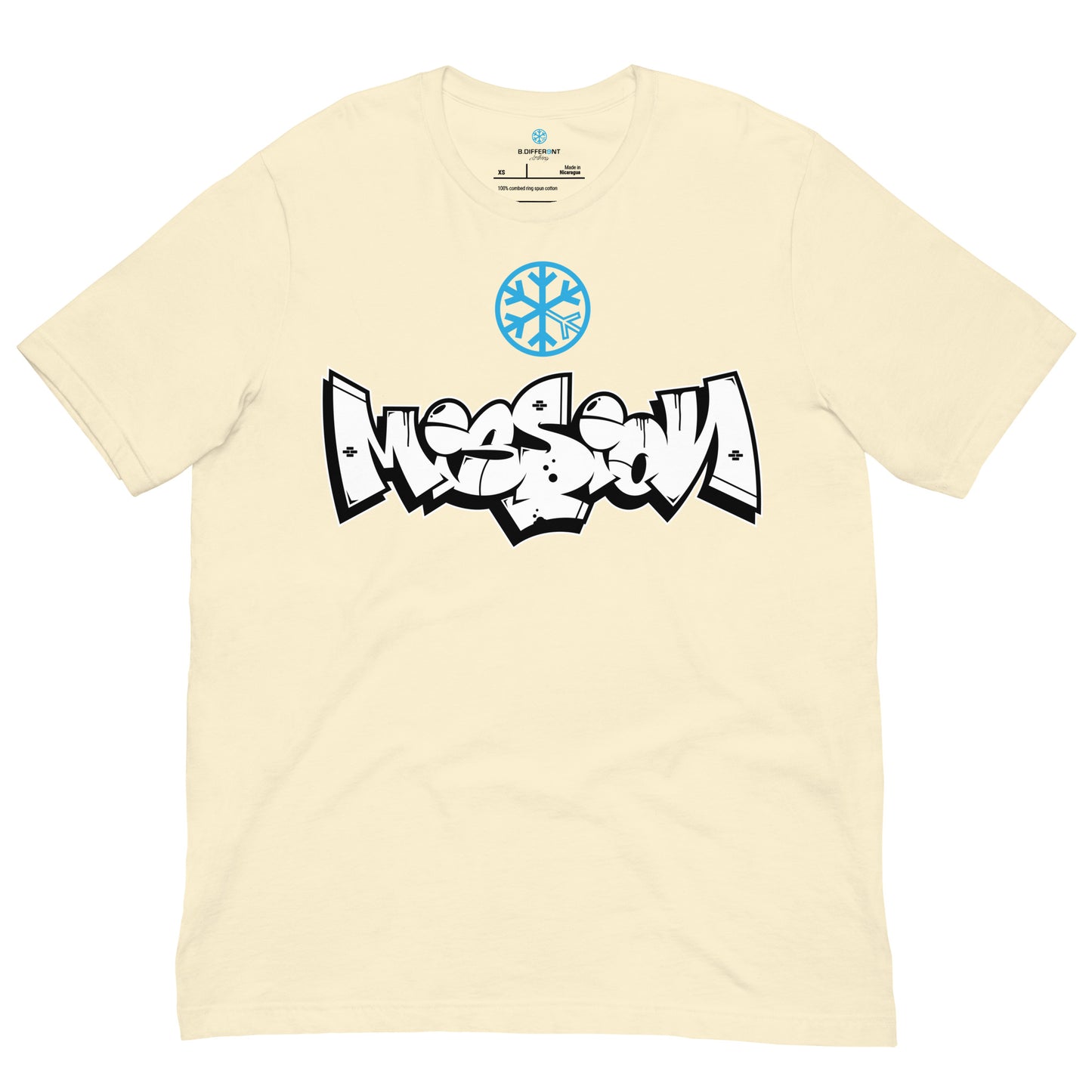 Beige-Mission Graffiti Piece Tee from B.Different Clothing, front view, graffiti-inspired streetwear t-shirt