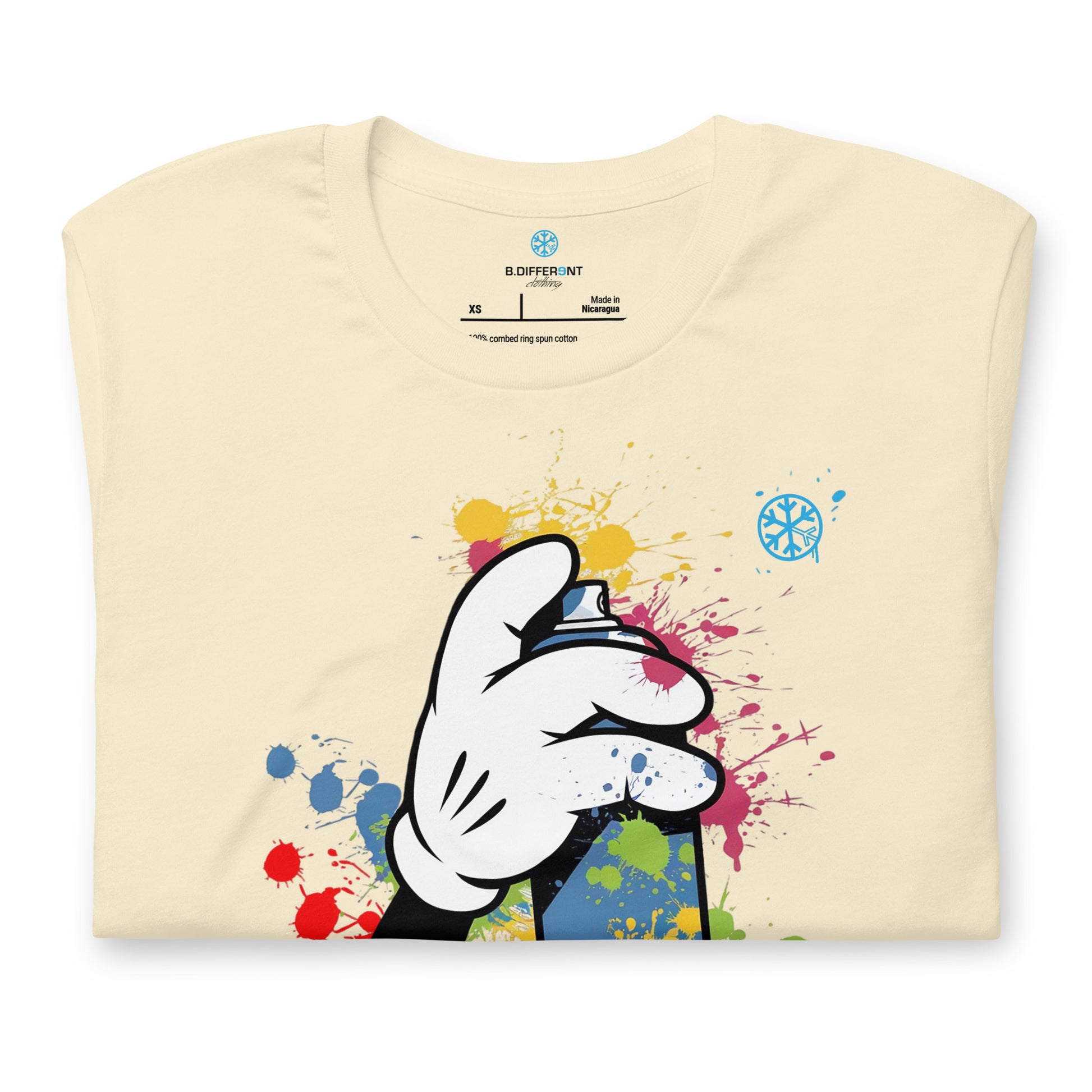 Beige-Hand Spray Can Graffiti Tee from B.Different Clothing, folded, graffiti-inspired streetwear t-shirt