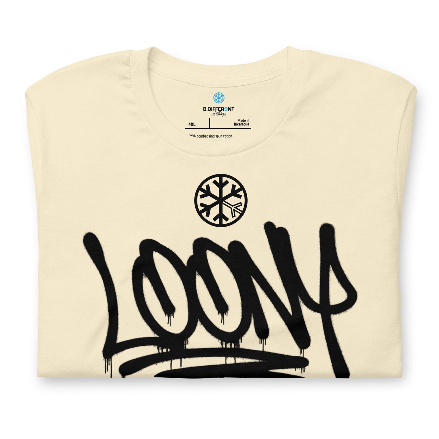 Beige-Loony Graffiti Tag Tee from B.Different Clothing, folded, graffiti-inspired streetwear t-shirt