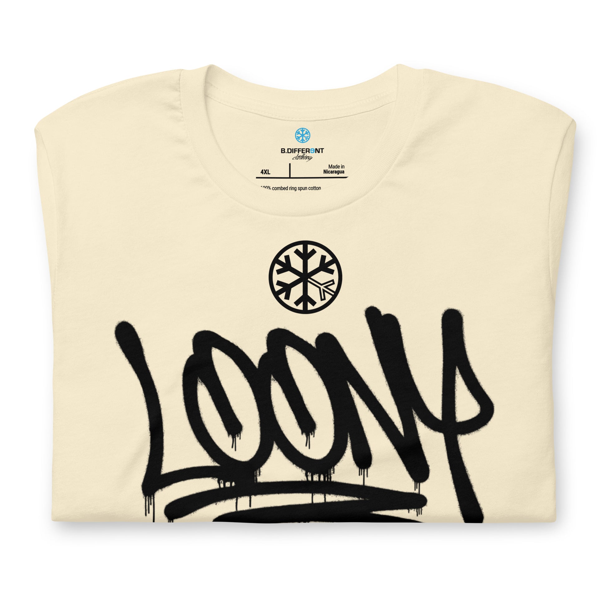 Beige-Loony Graffiti Tag Tee from B.Different Clothing, folded, graffiti-inspired streetwear t-shirt
