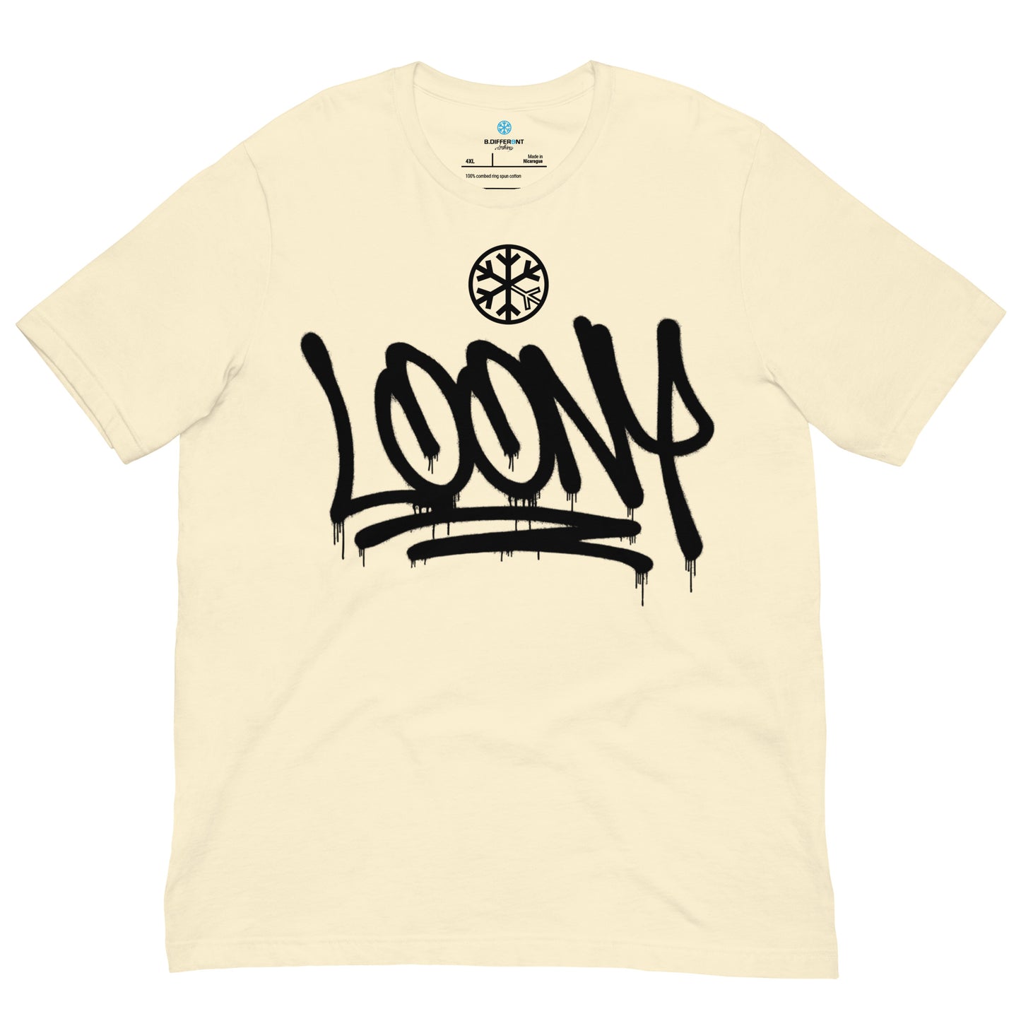 Beige-Loony Graffiti Tag Tee from B.Different Clothing, front view, graffiti-inspired streetwear t-shirt