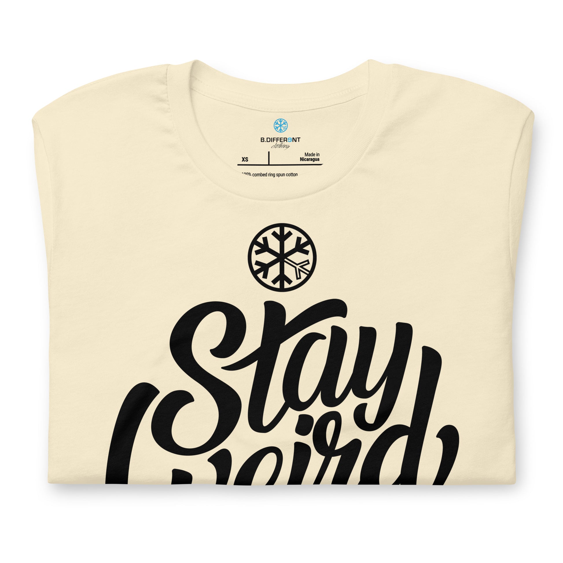 Beige-Stay Weird Tee from B.Different Clothing, folded, graffiti-inspired streetwear t-shirt