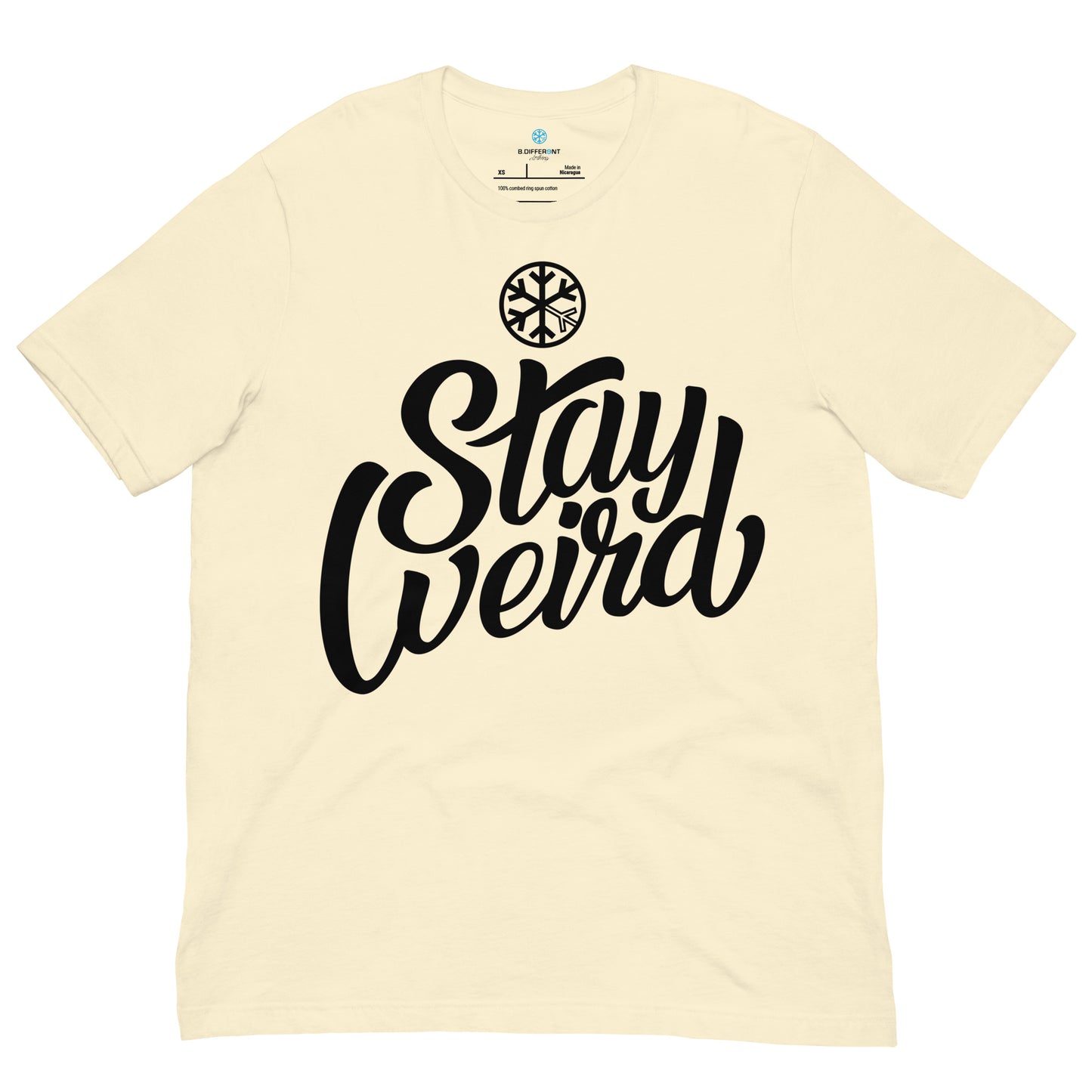 Beige-Stay Weird Tee from B.Different Clothing, front view, graffiti-inspired streetwear t-shirt
