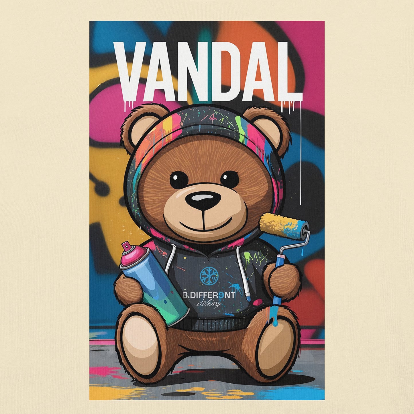Beige-Vandal Teddy Bear Graffiti Tee from B.Different Clothing, graphic, graffiti-inspired streetwear