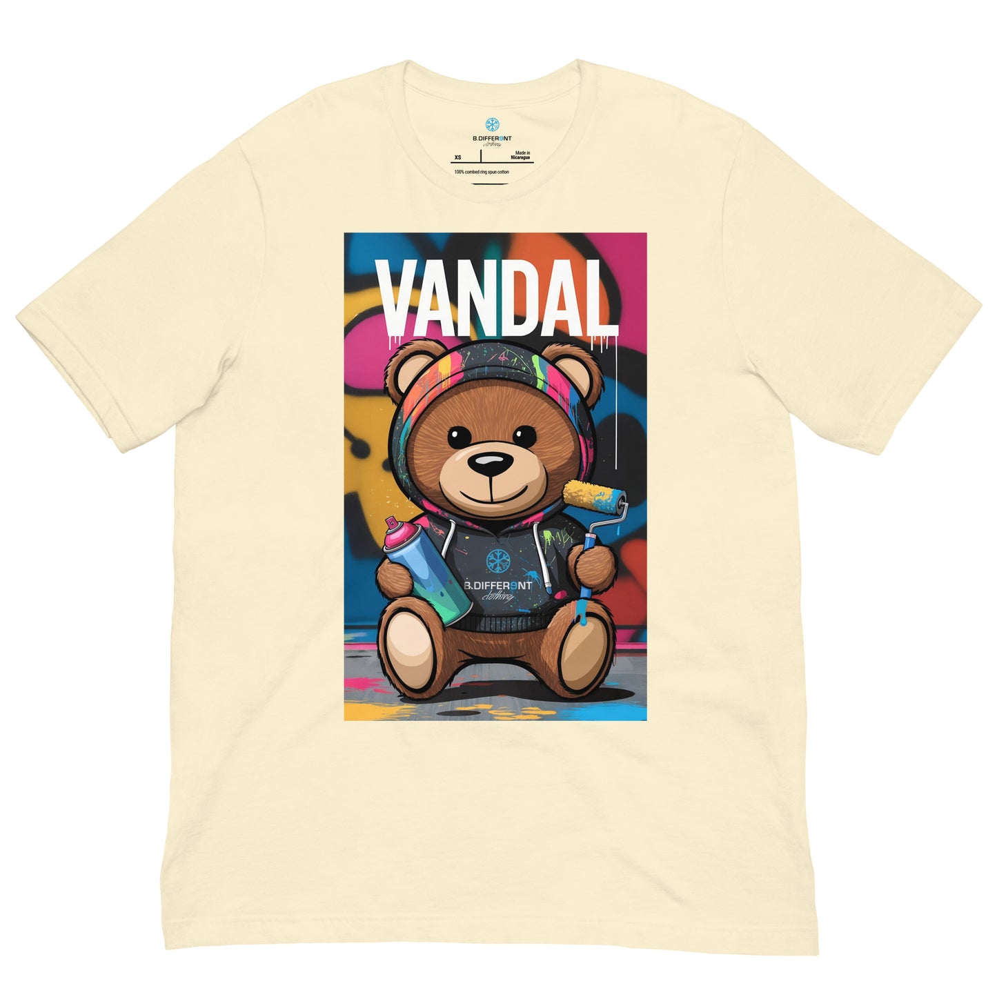 Beige-Vandal Teddy Bear Graffiti Tee from B.Different Clothing, front view, graffiti-inspired streetwear