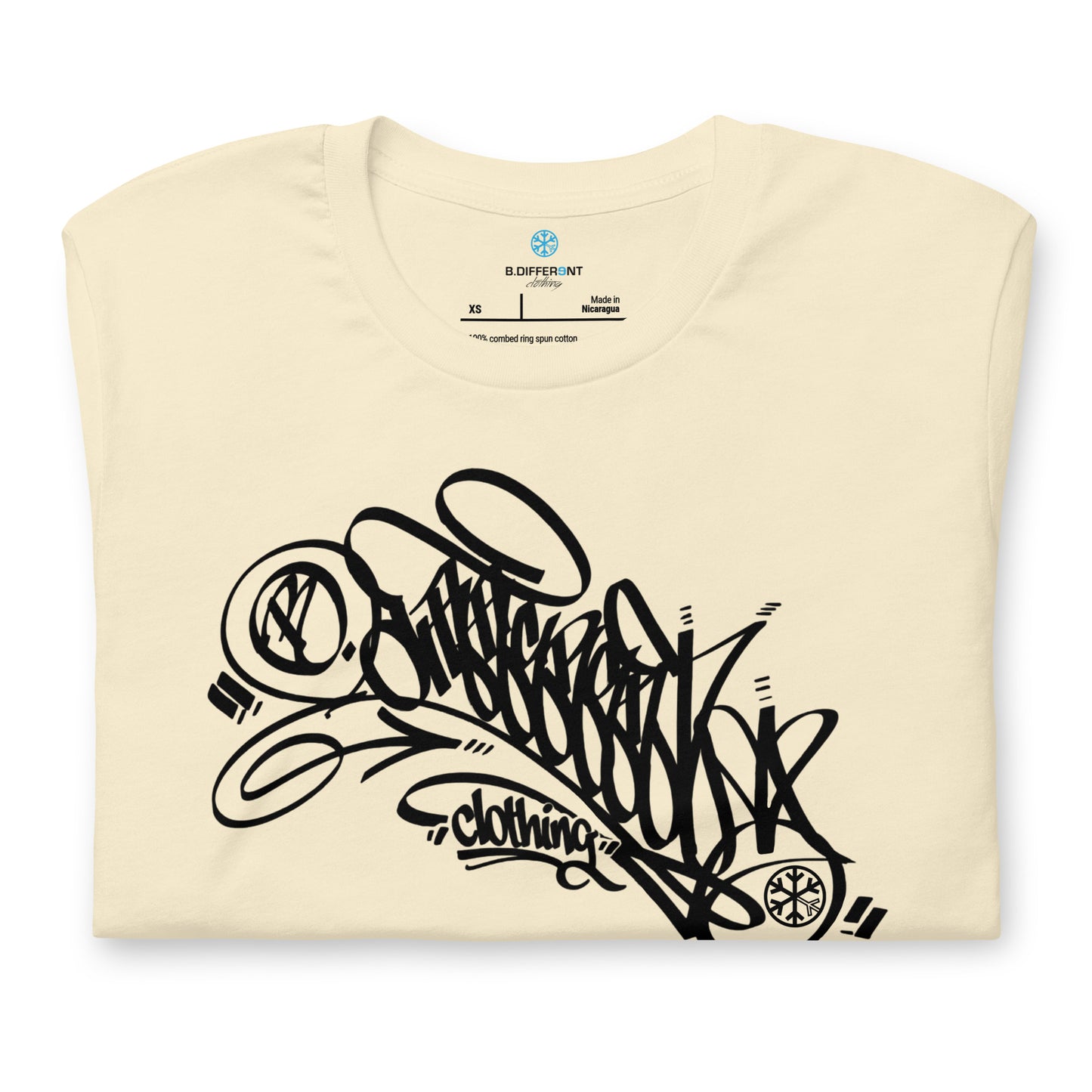 Beige-B.Different Clothing Graffiti Tag Tee from B.Different Clothing, folded, graffiti-inspired streetwear t-shirt