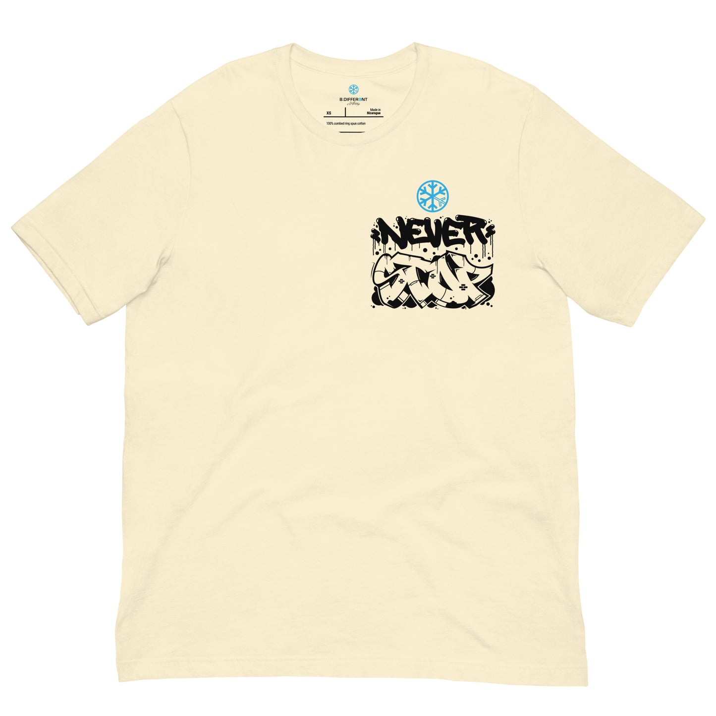 Beige-Never Stop Graffiti Character Tee from B.Different Clothing, front view, graffiti-inspired streetwear t-shirt