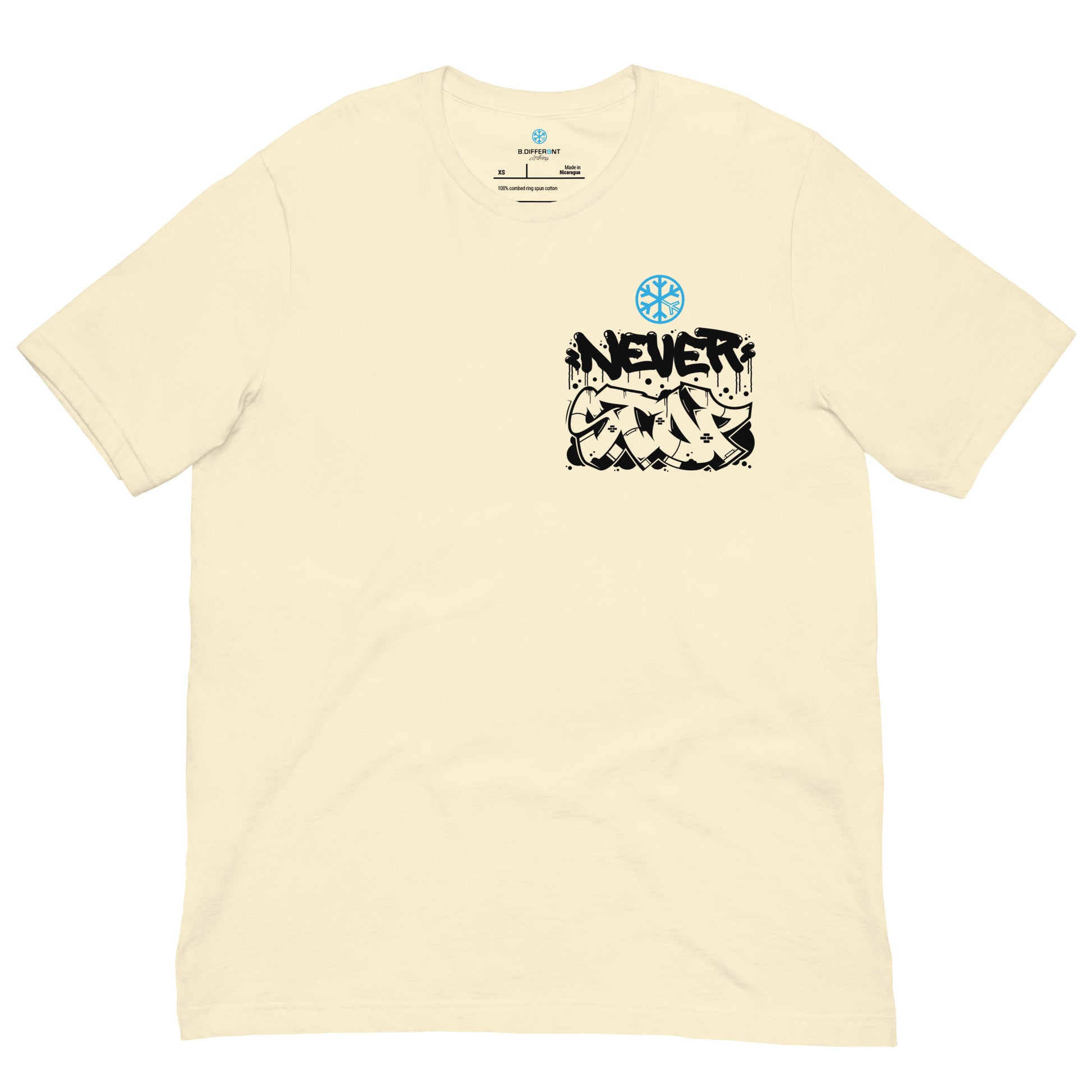 Beige-Never Stop Graffiti Character Tee from B.Different Clothing, front view, graffiti-inspired streetwear t-shirt