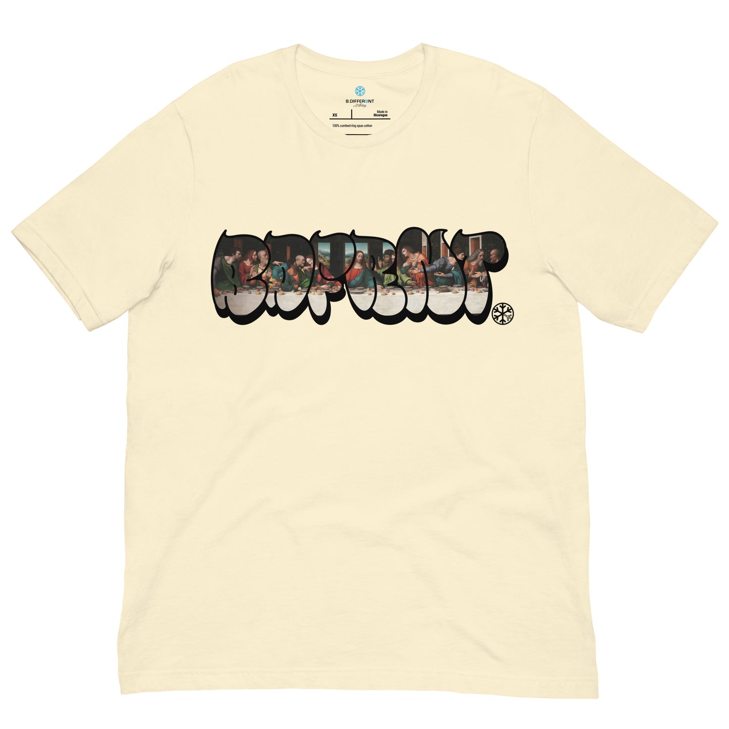 Beige-BDFRNT Throwie x Last Supper Graffiti Tee from B.Different Clothing, front view, graffiti-inspired streetwear t-shirt