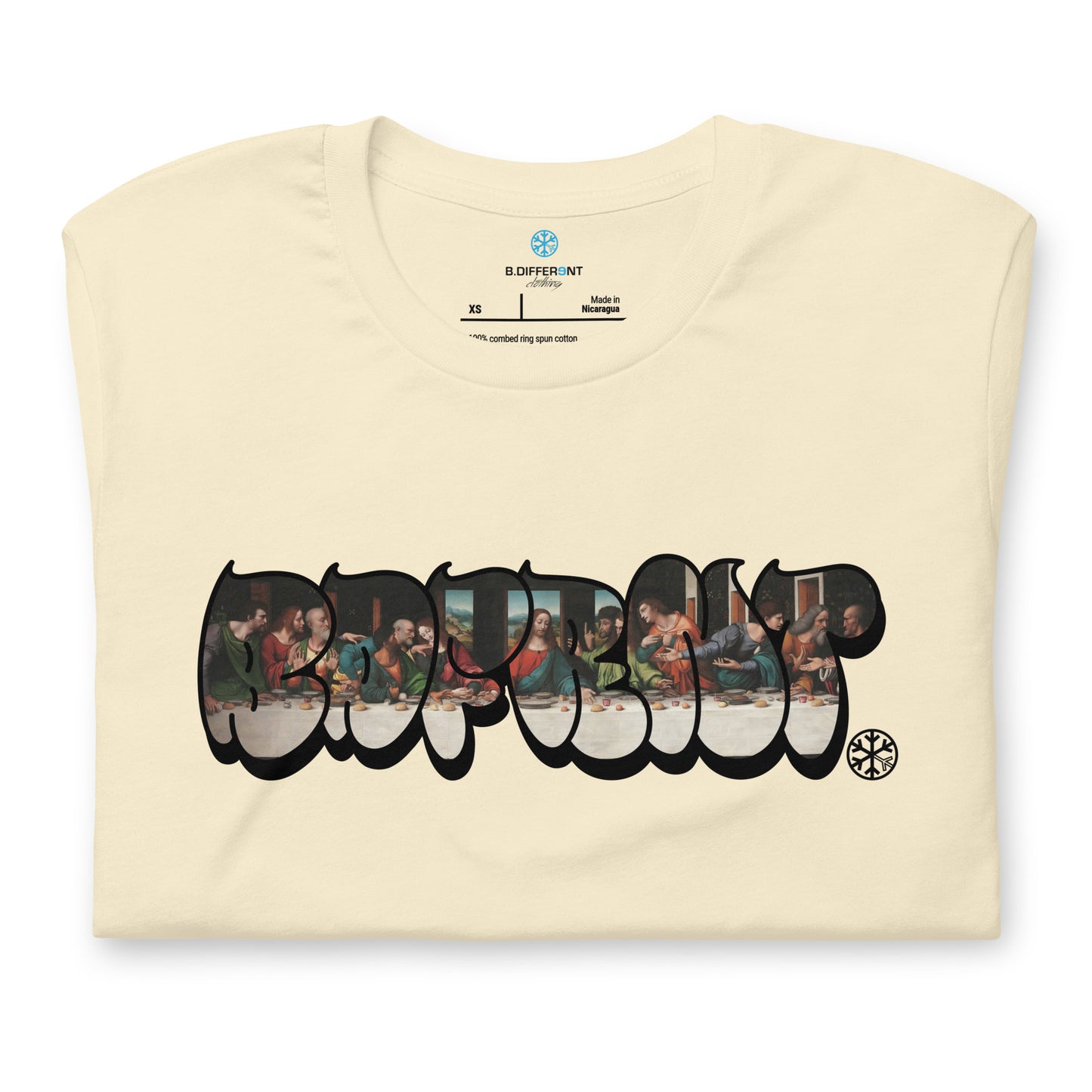 Beige-BDFRNT Throwie x Last Supper Graffiti Tee from B.Different Clothing, folded, graffiti-inspired streetwear t-shirt