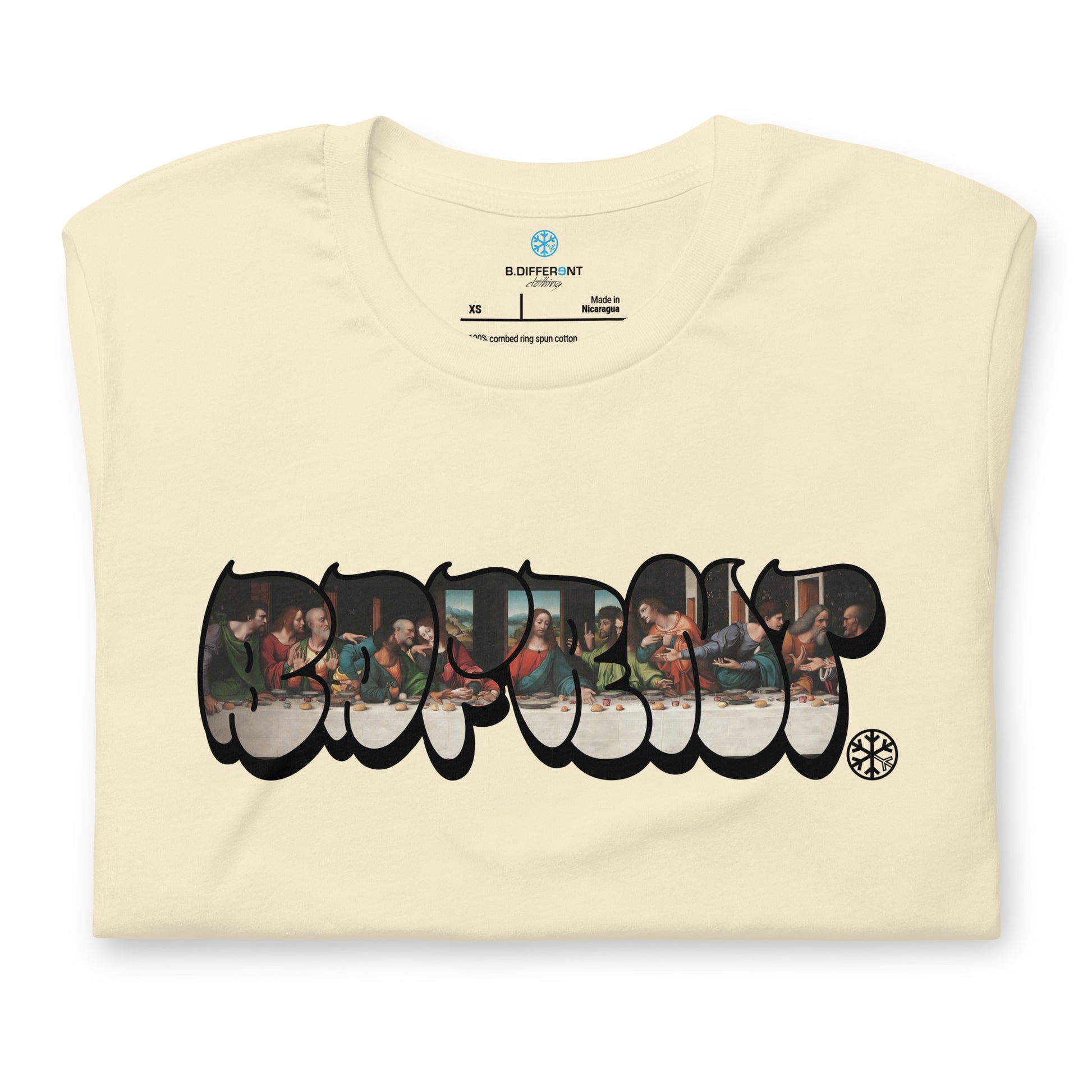 Beige-BDFRNT Throwie x Last Supper Graffiti Tee from B.Different Clothing, folded, graffiti-inspired streetwear t-shirt