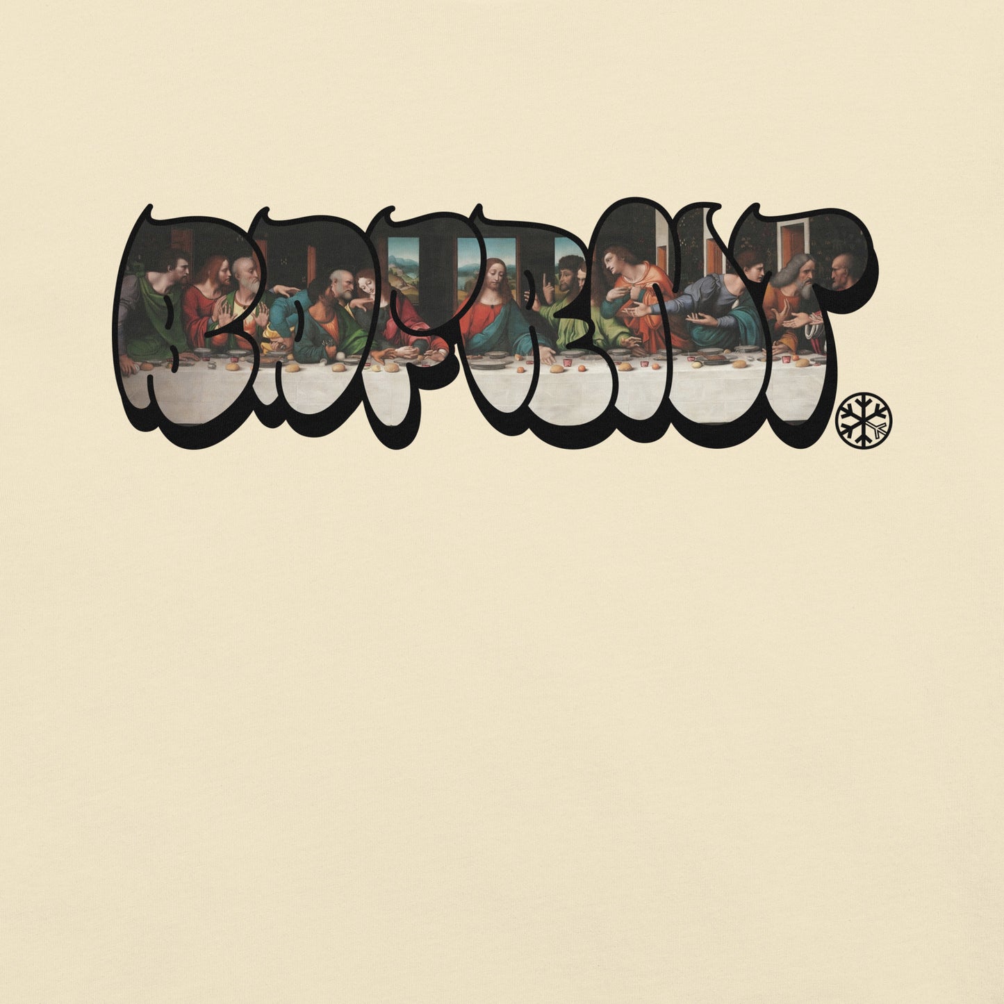 Beige-BDFRNT Throwie x Last Supper Graffiti Tee from B.Different Clothing, graphic, graffiti-inspired streetwear t-shirt