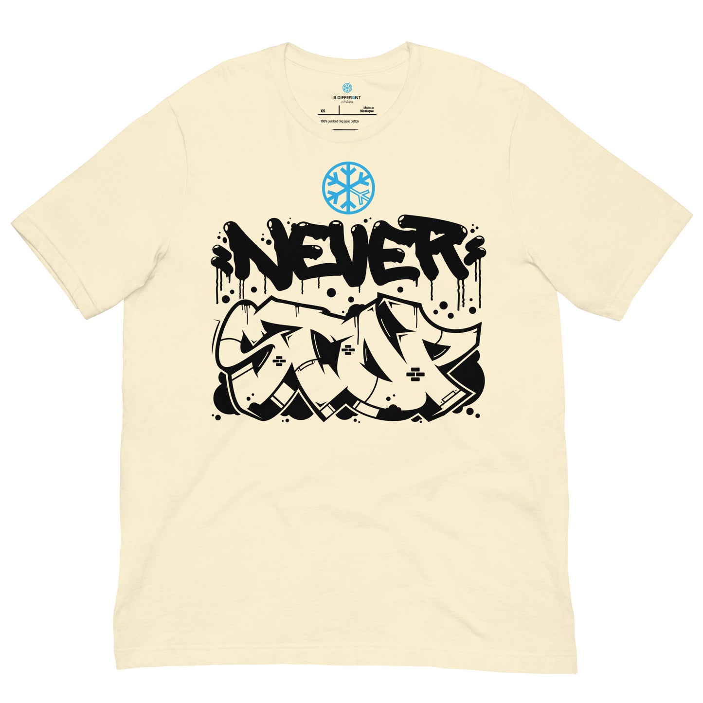 Beige-Never Stop Graffiti Piece Tee from B.Different Clothing, front view, graffiti-inspired streetwear t-shirt