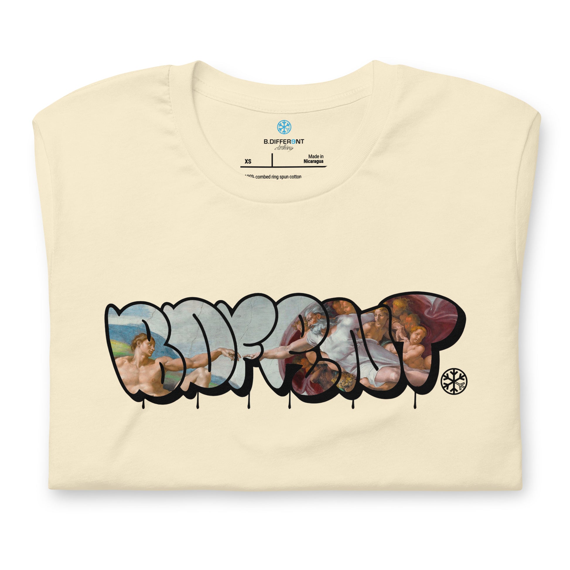 Beige-BDFRNT Throwie x Creation of Adam Graffiti Tee from B.Different Clothing, folded, graffiti-inspired streetwear t-shirt