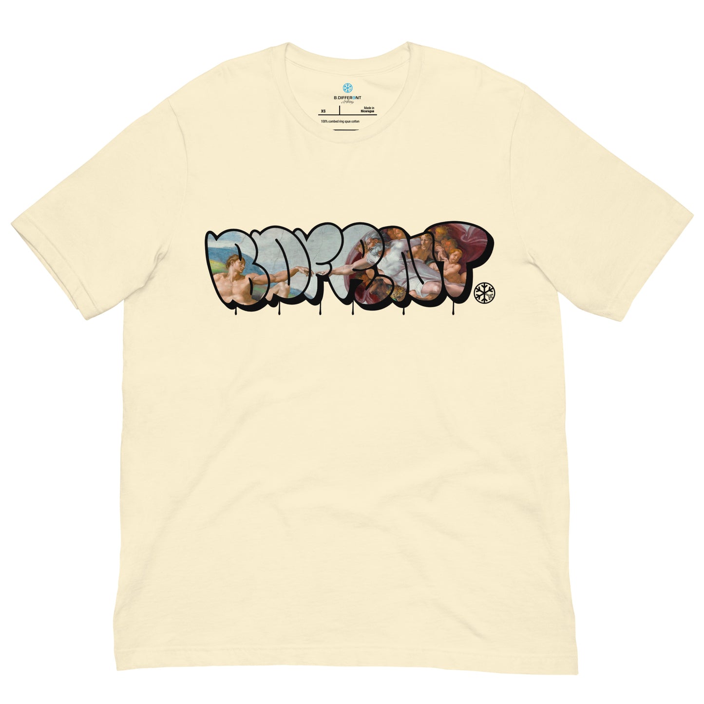 Beige-BDFRNT Throwie x Creation of Adam Graffiti Tee from B.Different Clothing, front view, graffiti-inspired streetwear t-shirt