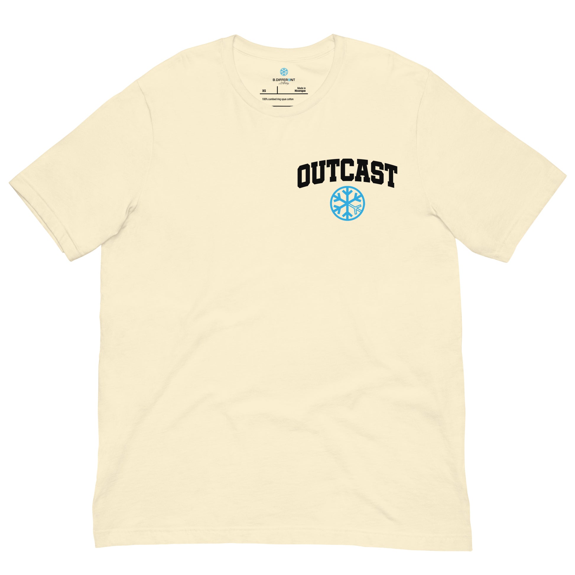 Beige-Outcast Graffiti Character Tee from B.Different Clothing, front view, graffiti-inspired streetwear t-shirt