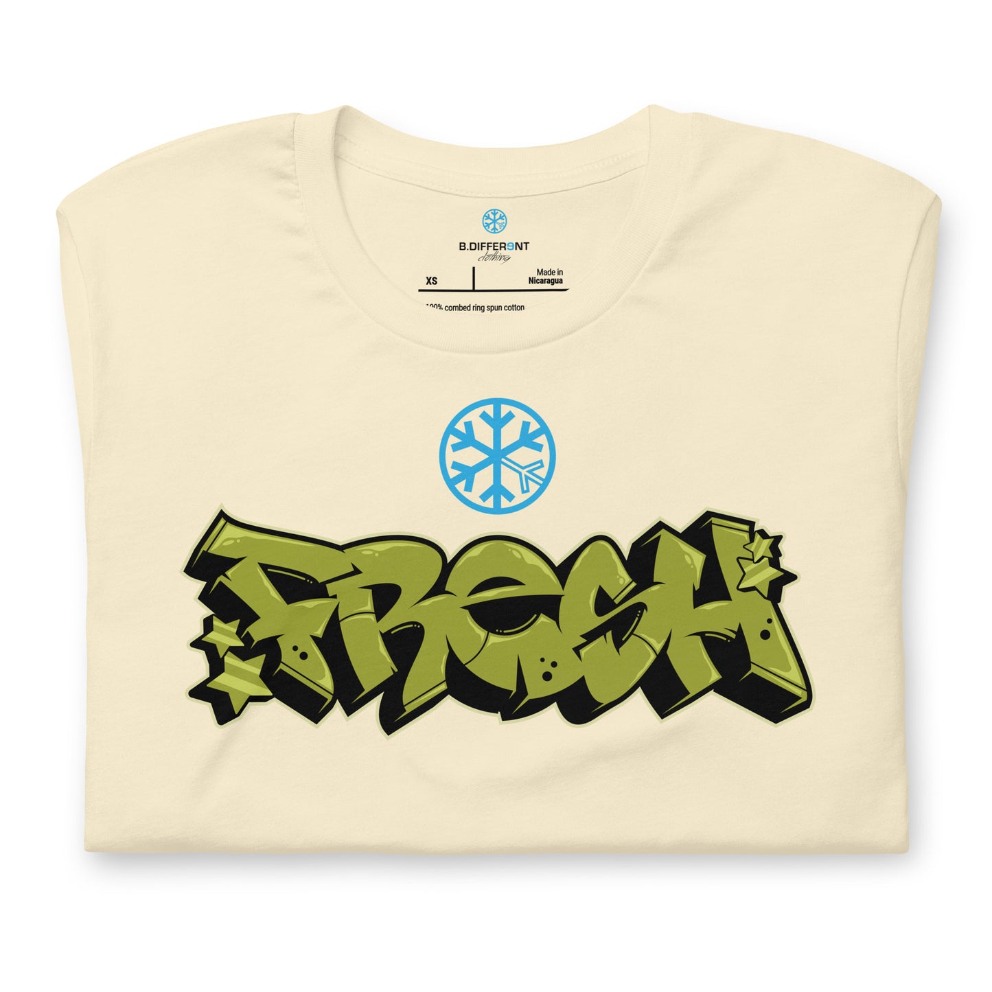 Beige-Fresh Graffiti Piece Tee from B.Different Clothing, folded, graffiti-inspired streetwear t-shirt