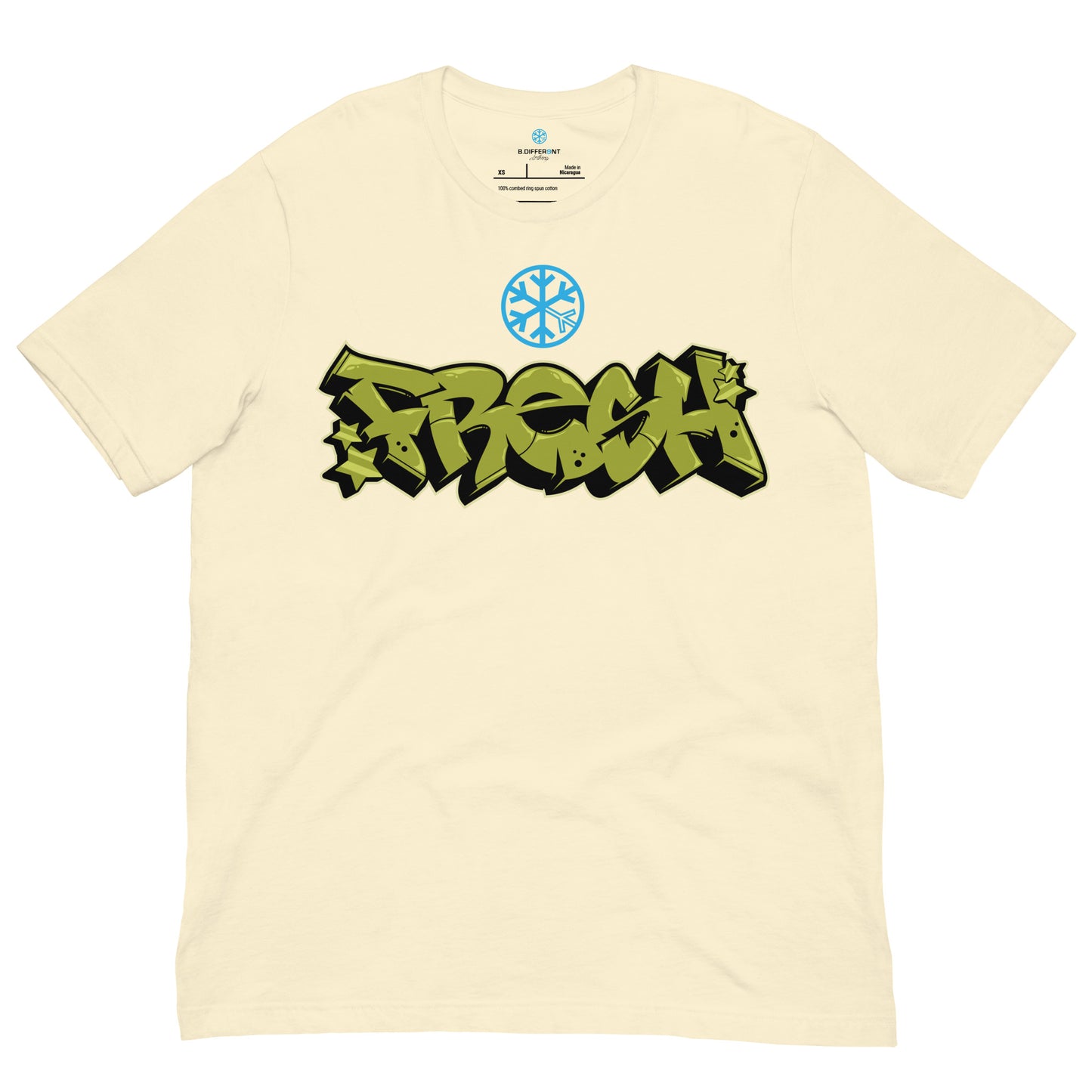 Beige-Fresh Graffiti Piece Tee from B.Different Clothing, front view, graffiti-inspired streetwear t-shirt