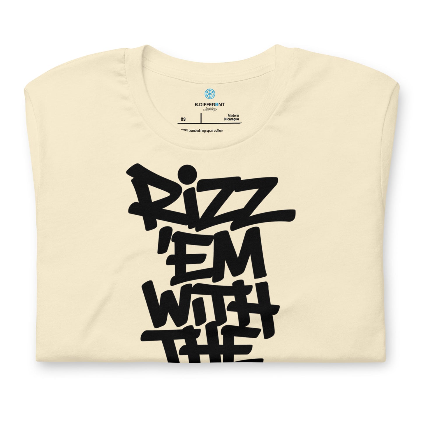Beige-Rizz 'Em With The 'Tism Graffiti Tee from B.Different Clothing, folded, graffiti-inspired streetwear t-shirt