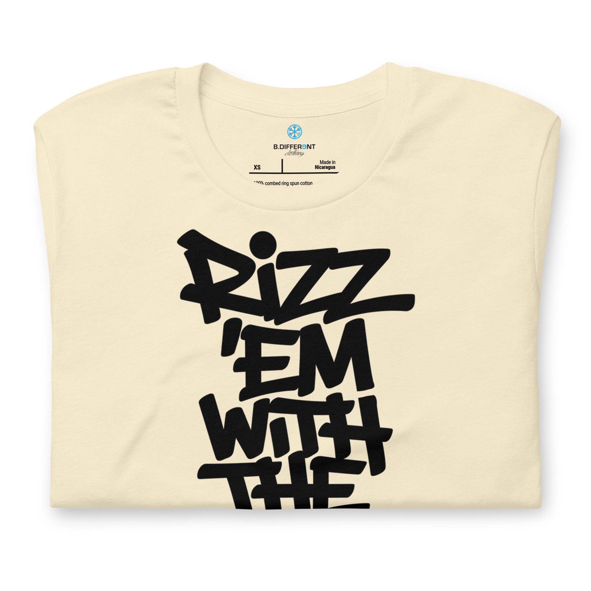 Beige-Rizz 'Em With The 'Tism Graffiti Tee from B.Different Clothing, folded, graffiti-inspired streetwear t-shirt