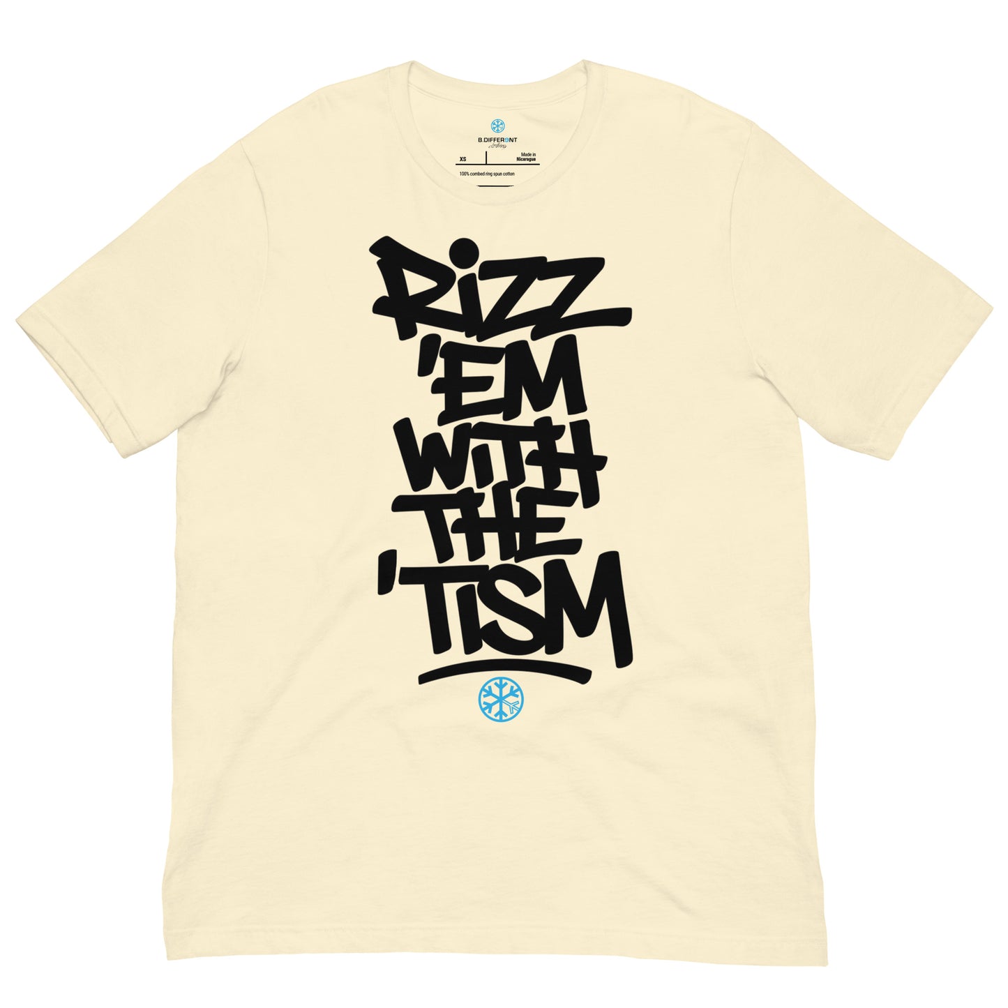 Beige-Rizz 'Em With The 'Tism Graffiti Tee from B.Different Clothing, front view, graffiti-inspired streetwear t-shirt