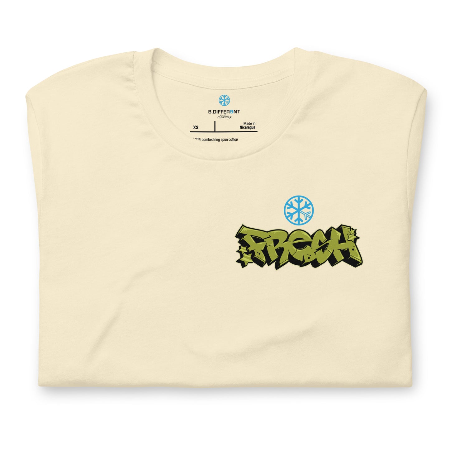 Beige-Fresh Graffiti Character Tee from B.Different Clothing, folded, graffiti-inspired streetwear t-shirt