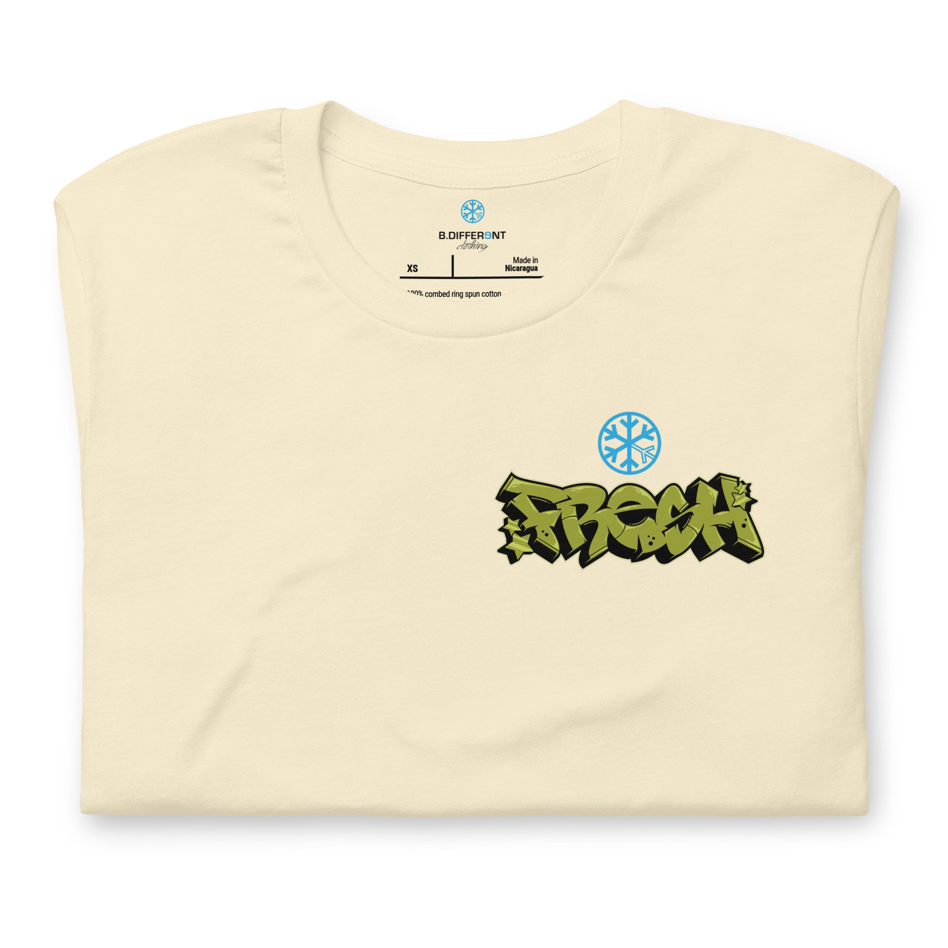 Beige-Fresh Graffiti Character Tee from B.Different Clothing, folded, graffiti-inspired streetwear t-shirt