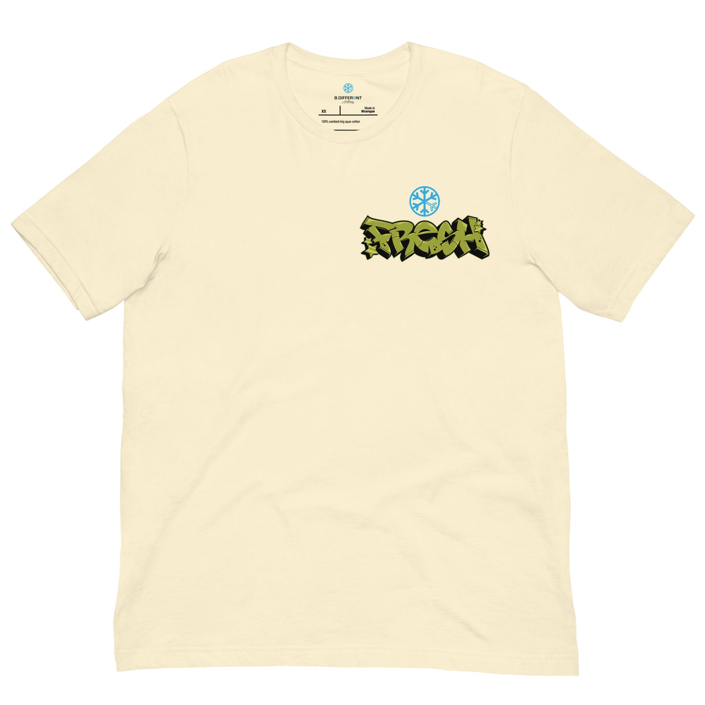 Beige-Fresh Graffiti Character Tee from B.Different Clothing, front view, graffiti-inspired streetwear t-shirt