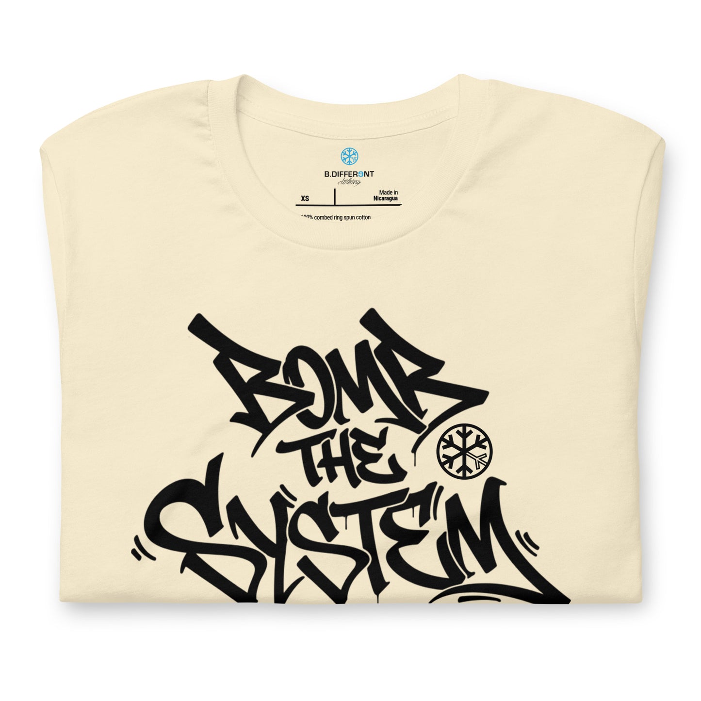 Beige-Bomb The System Graffiti Tee from B.Different Clothing, folded, graffiti-inspired streetwear t-shirt