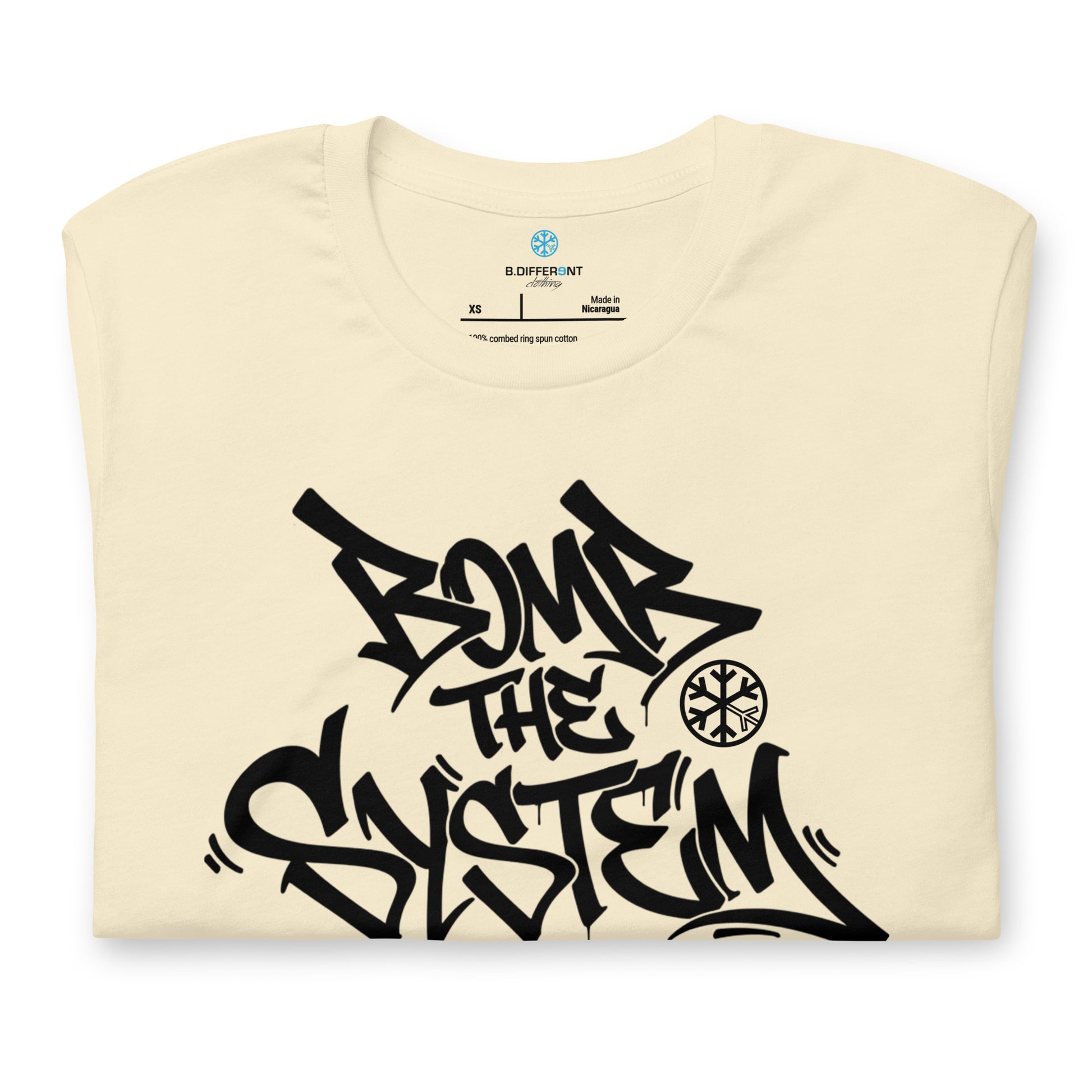 Beige-Bomb The System Graffiti Tee from B.Different Clothing, folded, graffiti-inspired streetwear t-shirt