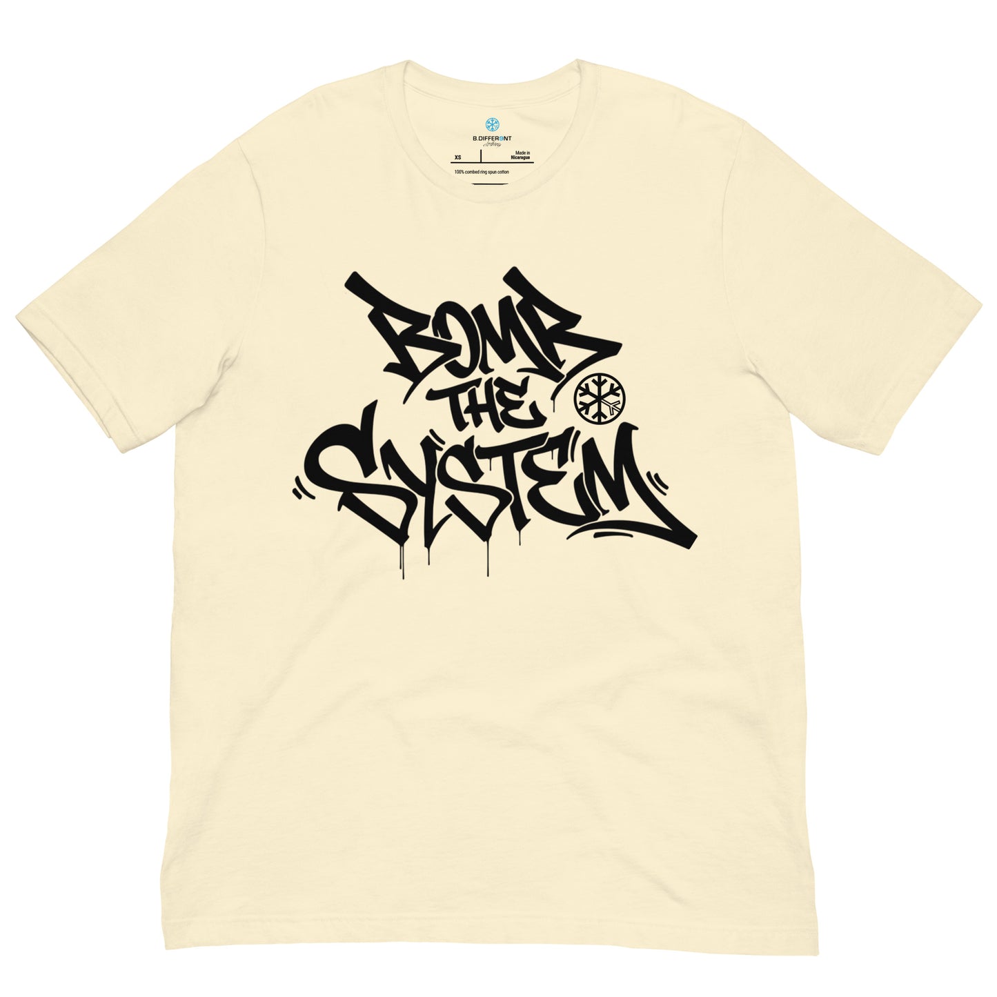 Beige-Bomb The System Graffiti Tee from B.Different Clothing, front view, graffiti-inspired streetwear t-shirt