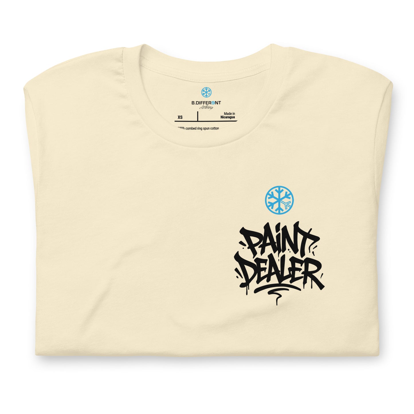 Beige-Paint Dealer Graffiti Character Tee from B.Different Clothing, folded, graffiti-inspired streetwear t-shirt