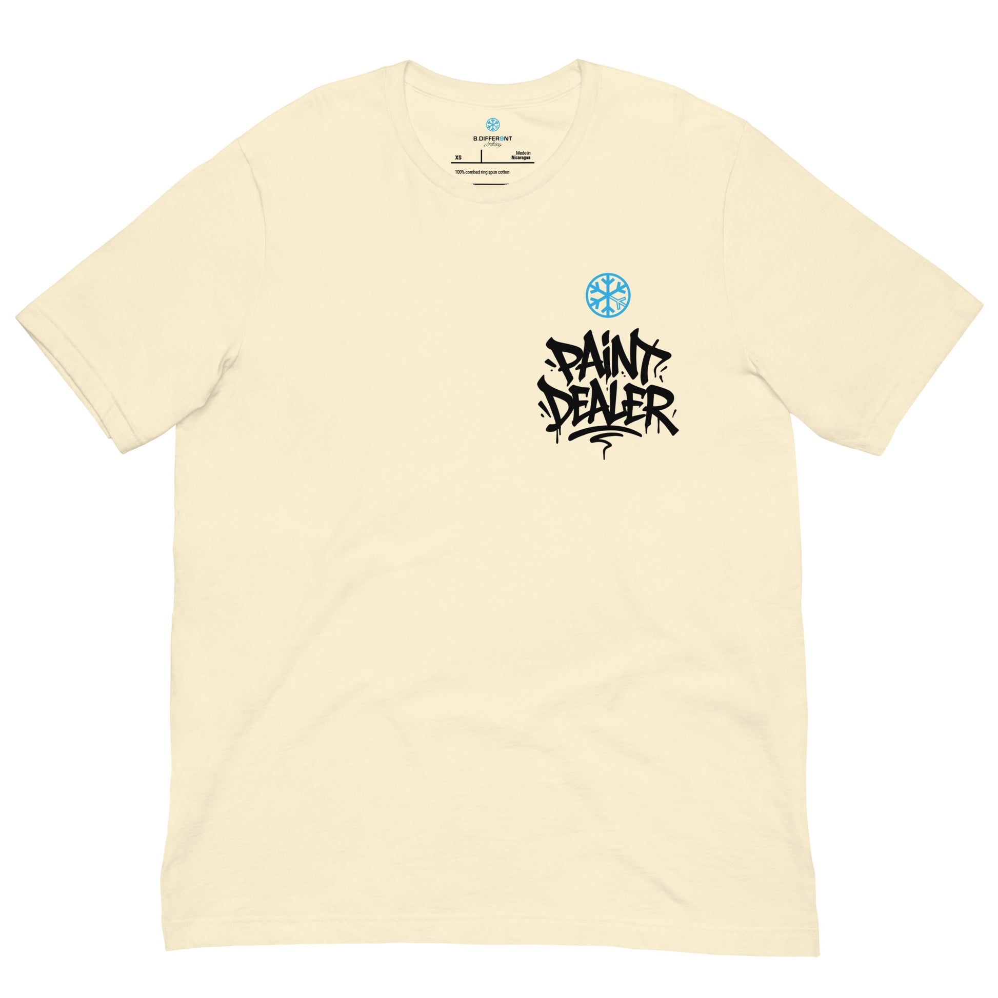 Beige-Paint Dealer Graffiti Character Tee from B.Different Clothing, front view, graffiti-inspired streetwear t-shirt