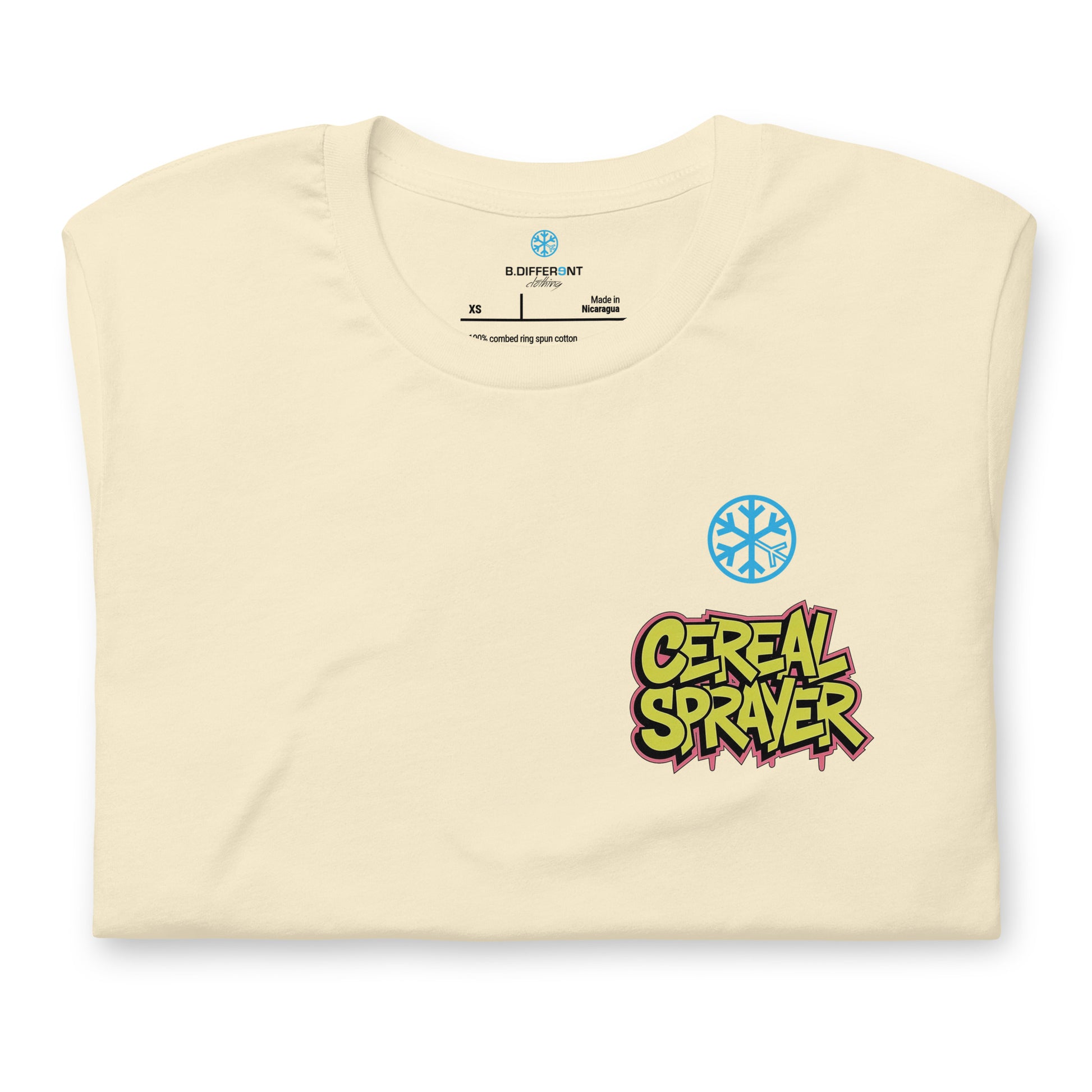 Beige-Cereal Sprayer Graffiti Tee from B.Different Clothing, folded, graffiti-inspired streetwear t-shirt