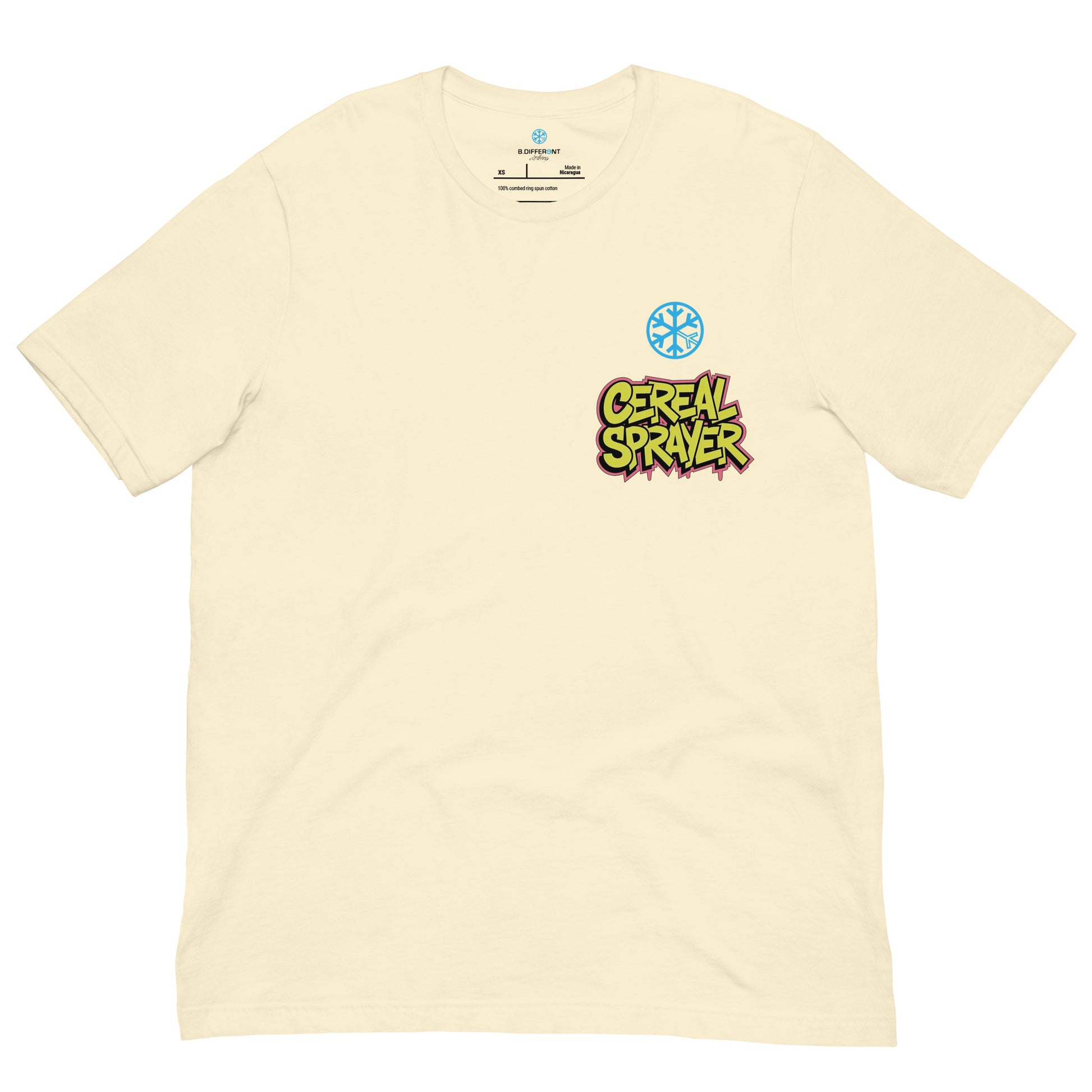 Beige-Cereal Sprayer Graffiti Tee from B.Different Clothing, front view, graffiti-inspired streetwear t-shirt