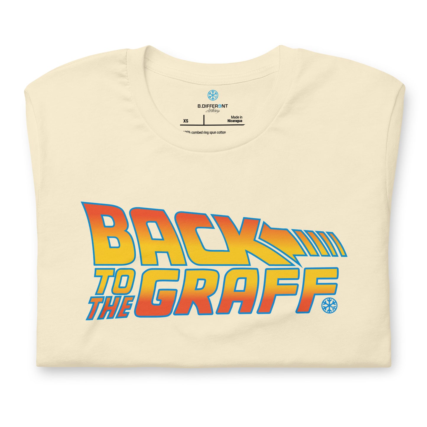 Beige-Back to the Graff Tee from B.Different Clothing, folded, graffiti-inspired streetwear t-shirt