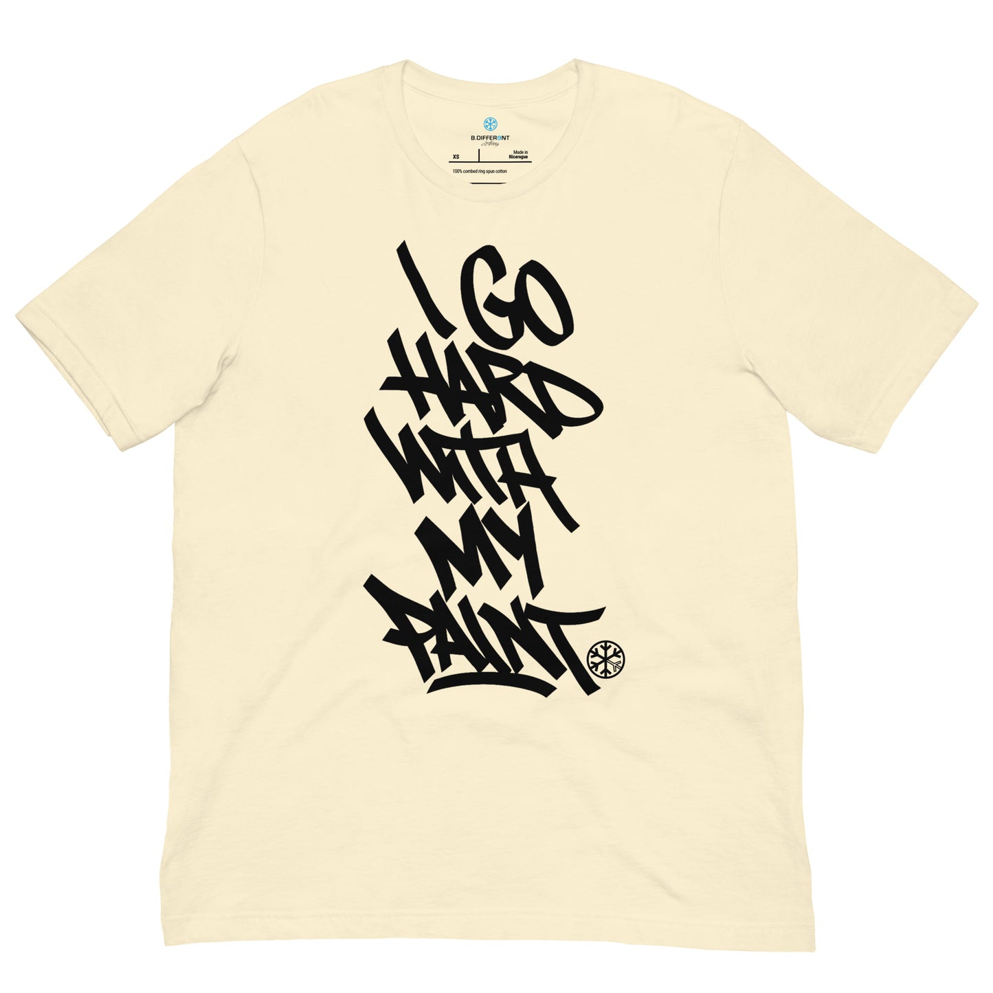 Beige-I Go Hard With My Paint Graffiti Tee from B.Different Clothing, front view, graffiti-inspired streetwear t-shirt