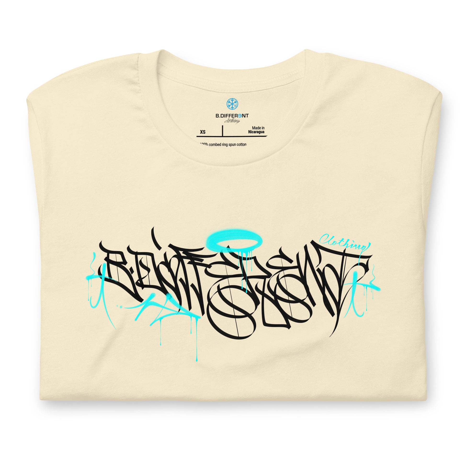 Beige-Caos One Collab Graffiti Tee from B.Different Clothing, folded, graffiti-inspired streetwear t-shirt