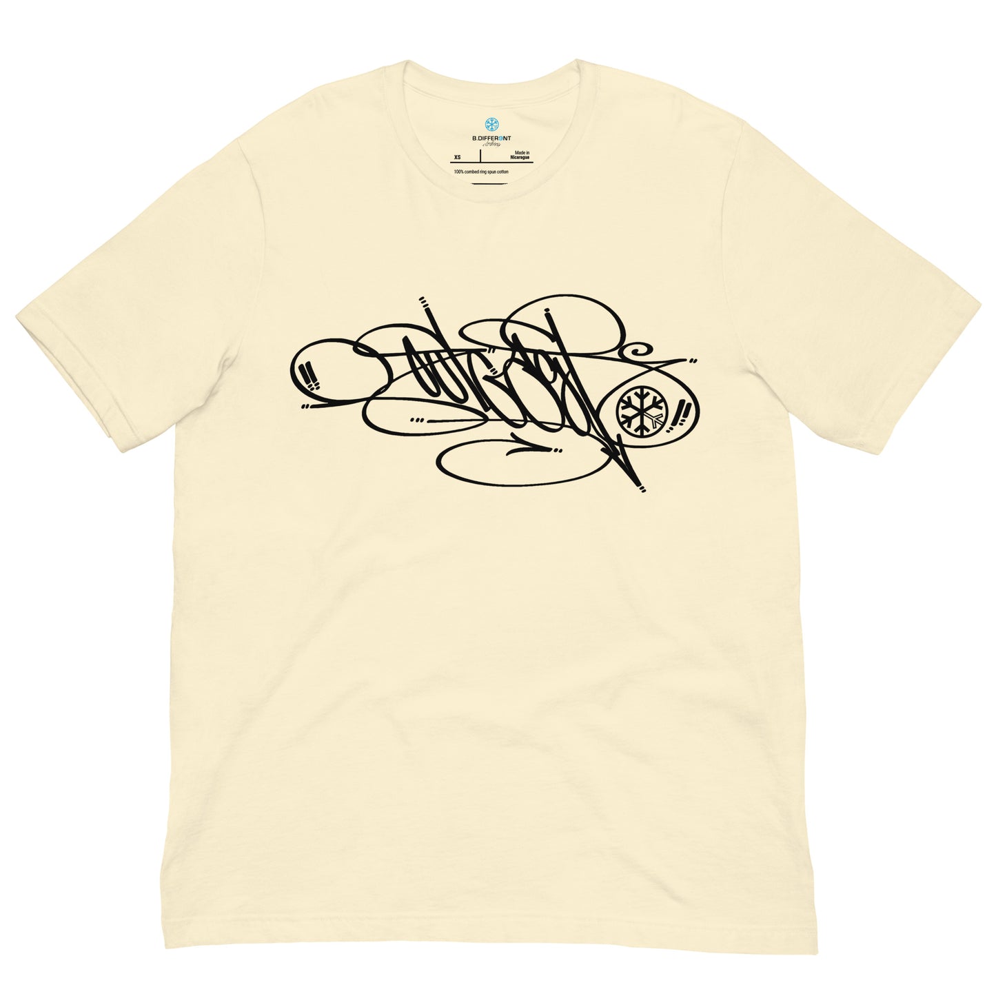 Beige-Outcast Tag Tee by Graffiti Dad from B.Different Clothing, front view, graffiti-inspired streetwear t-shirt