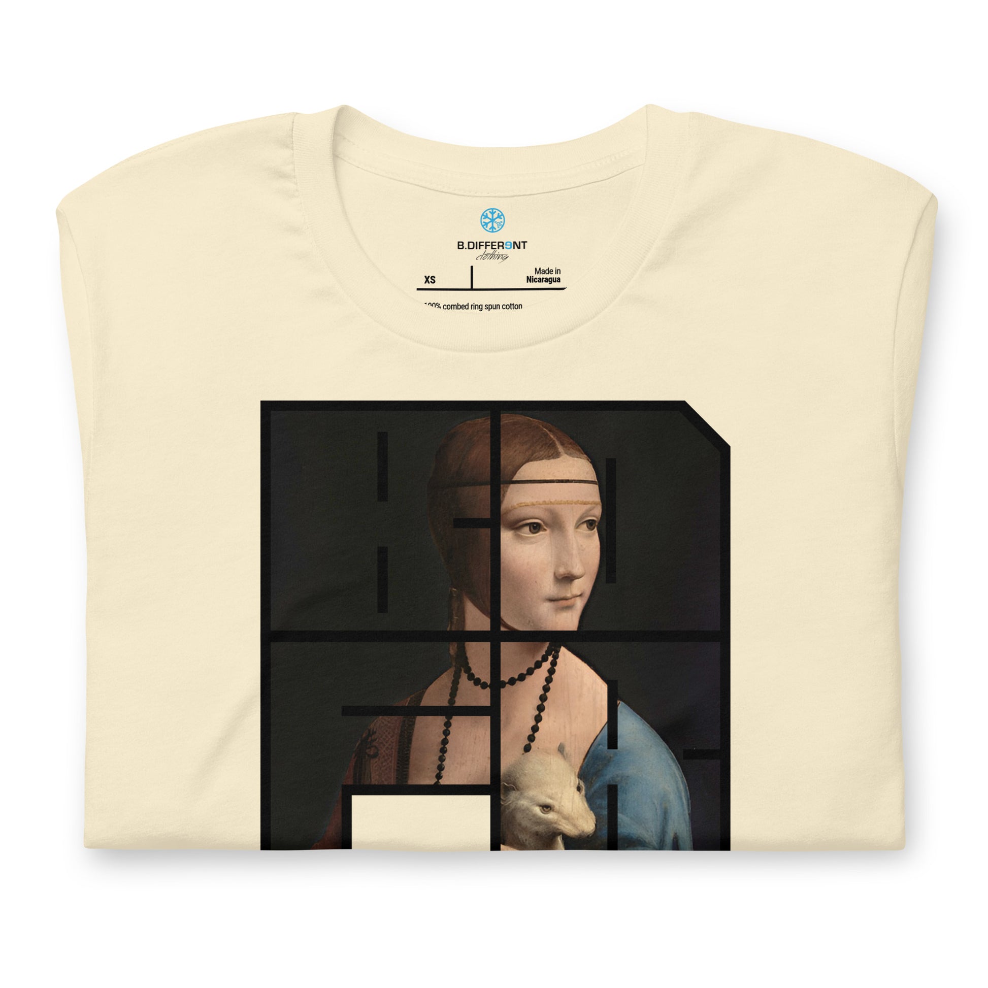 Beige-BDFRNT Blockbuster x Lady With Ermine Graffiti Tee from B.Different Clothing, folded, graffiti-inspired streetwear t-shirt