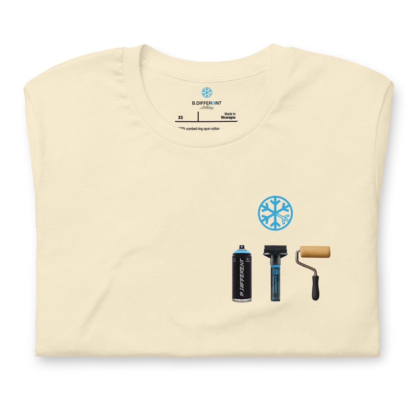Beige-Graffiti Artist Action Figure Tee from B.Different Clothing, folded, graffiti-inspired streetwear t-shirt