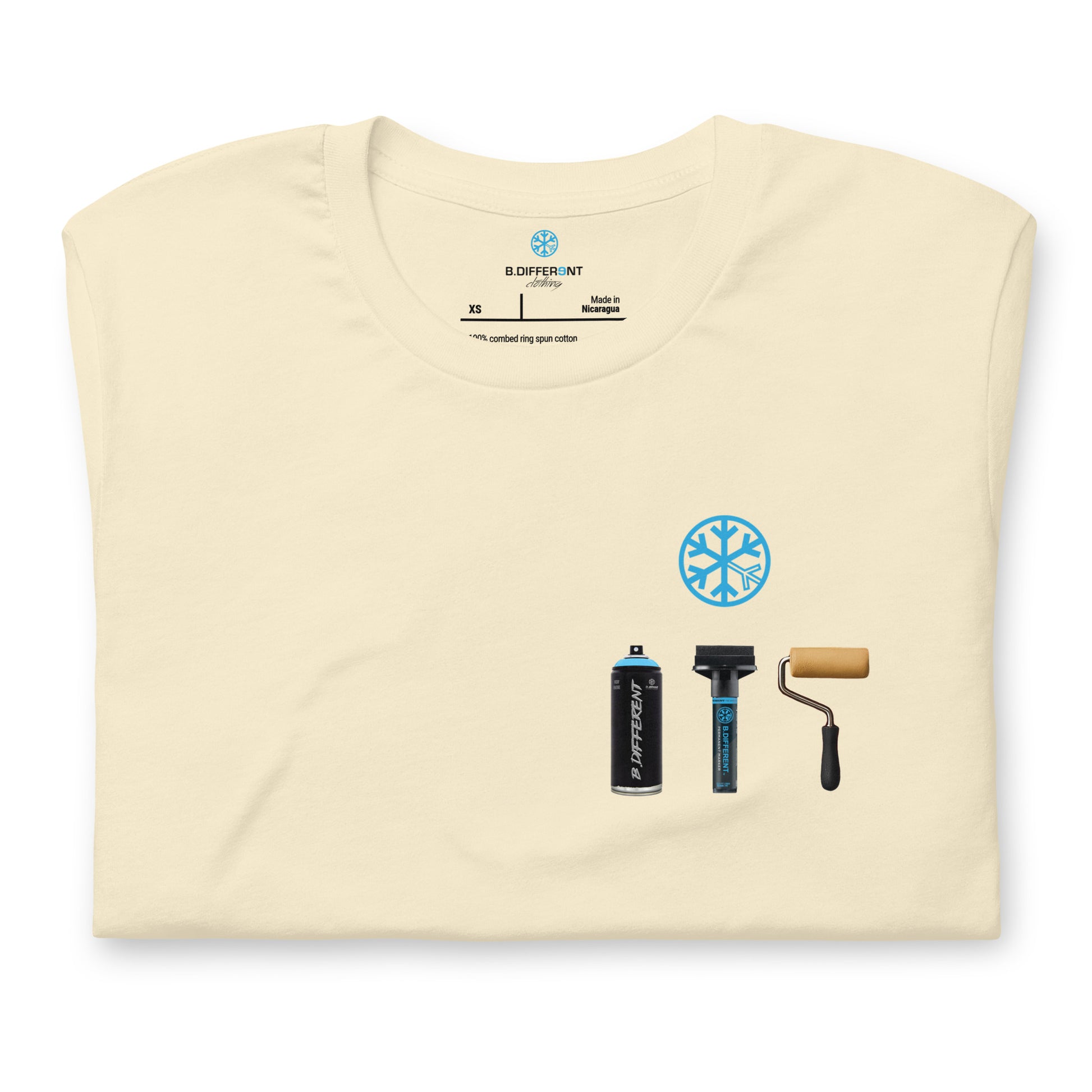 Beige-Graffiti Artist Action Figure Tee from B.Different Clothing, folded, graffiti-inspired streetwear t-shirt