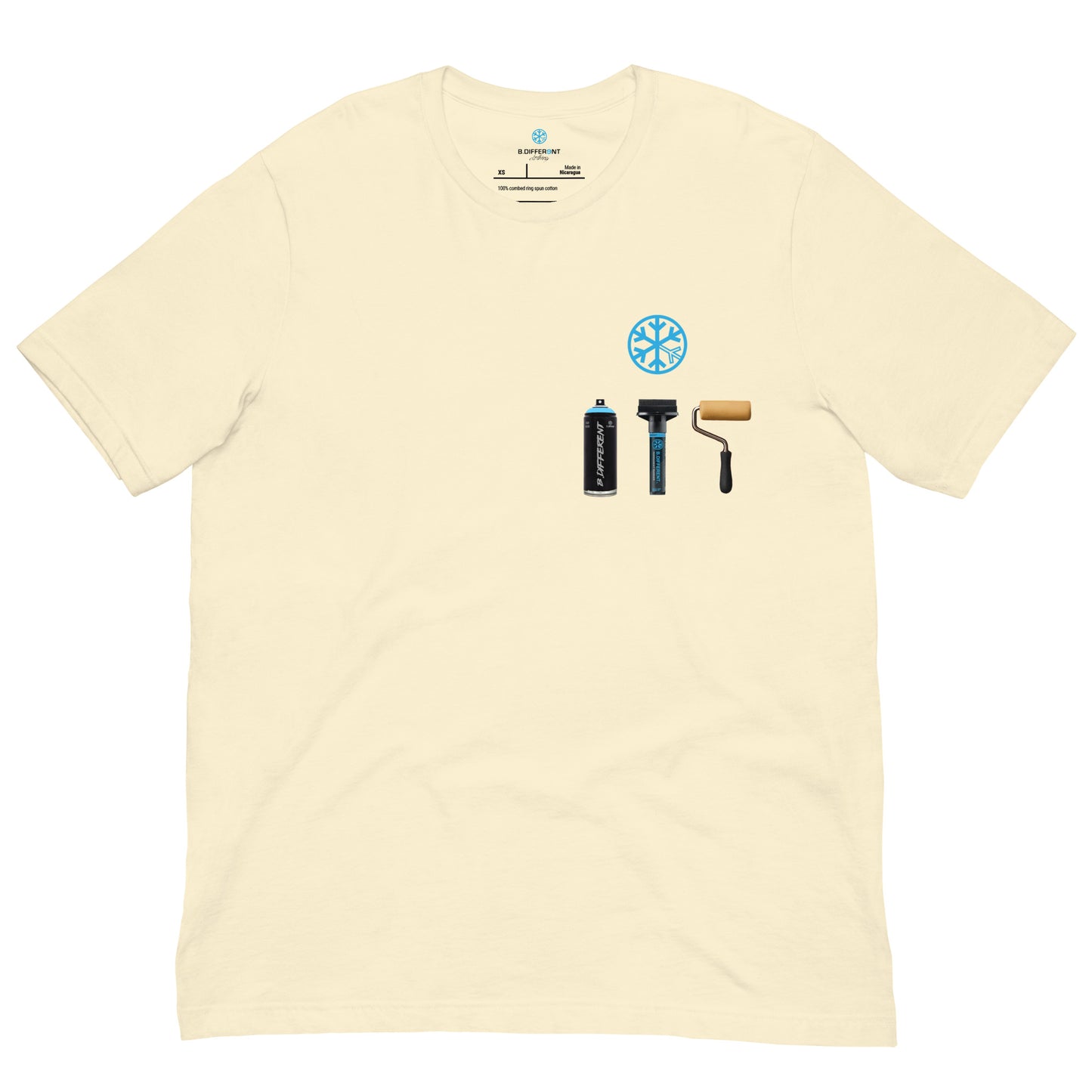 Beige-Graffiti Artist Action Figure Tee from B.Different Clothing, front view, graffiti-inspired streetwear t-shirt